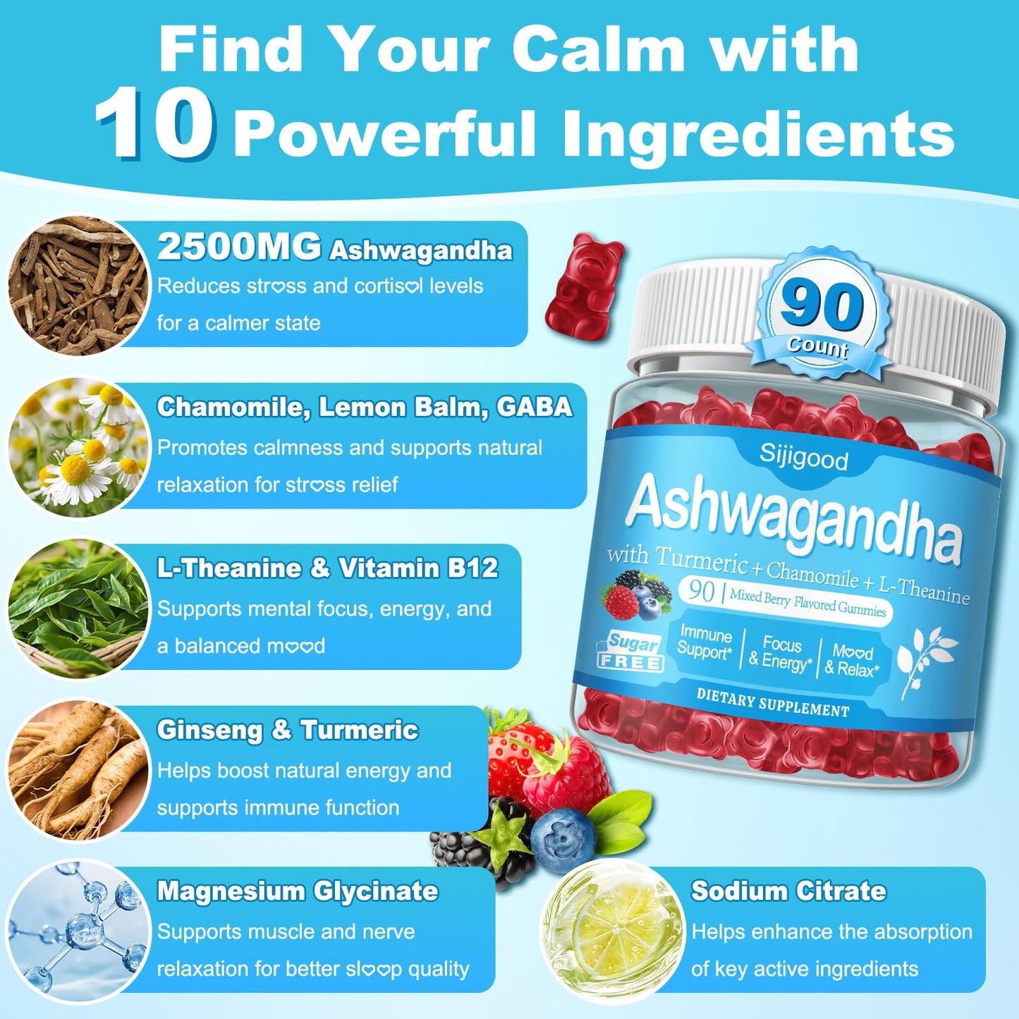 Sijigood Ashwagandha Gummies with L-Theanine & GABA, 180 Count