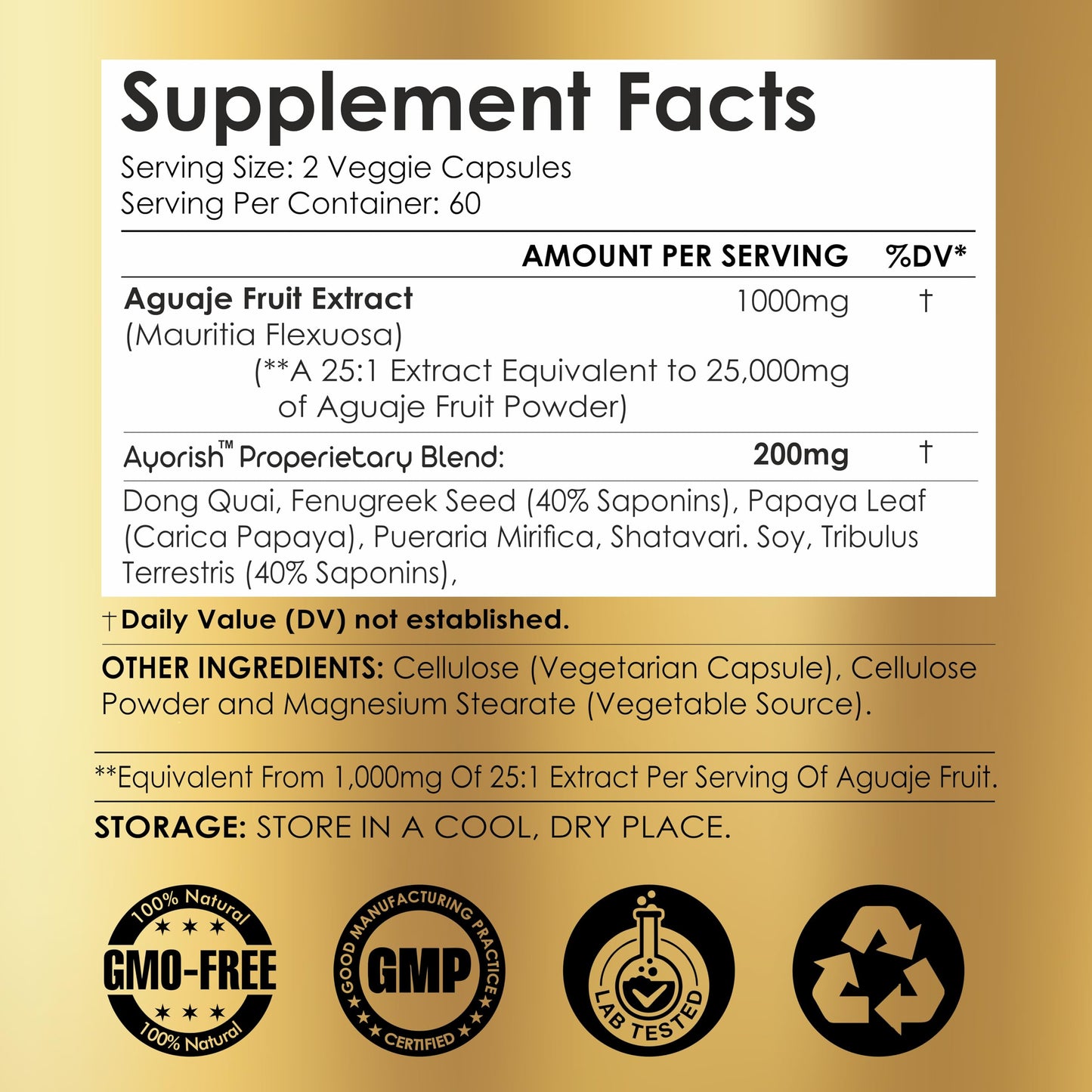 Ayorish Aguaje Fruit Supplement 1000mg 25:1 with Pueraria Mirifica, Papaya Leaf, Dong Quai, Shatavari, Wild Yam, Fenugreek Seed Capsules 120