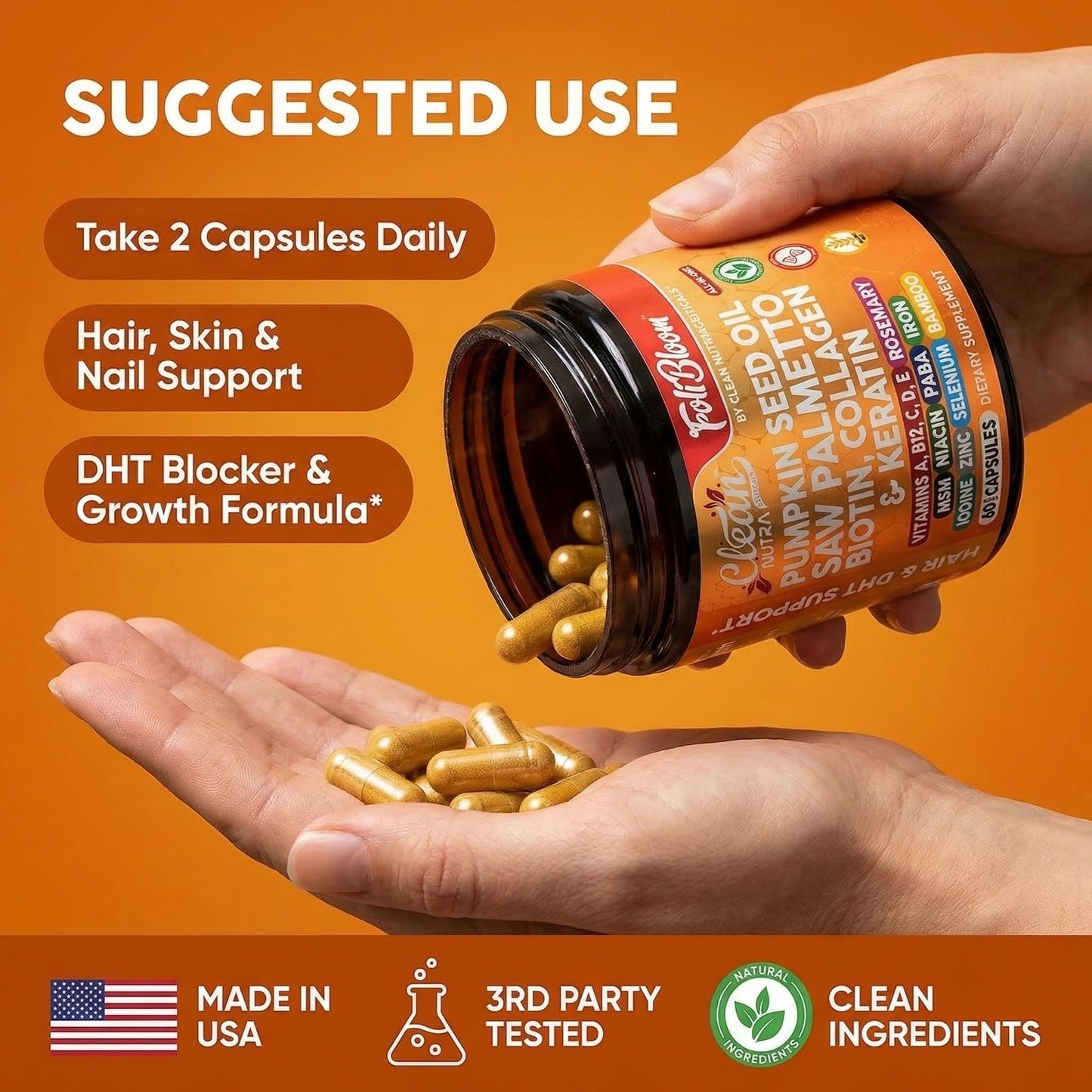 Clean Nutraceuticals Pumpkin Seed Oil Capsules + Saw Palmetto Biotin Collagen Keratin MSM Folate Hyaluronic Acid Hair Supplement, 60 Capsules