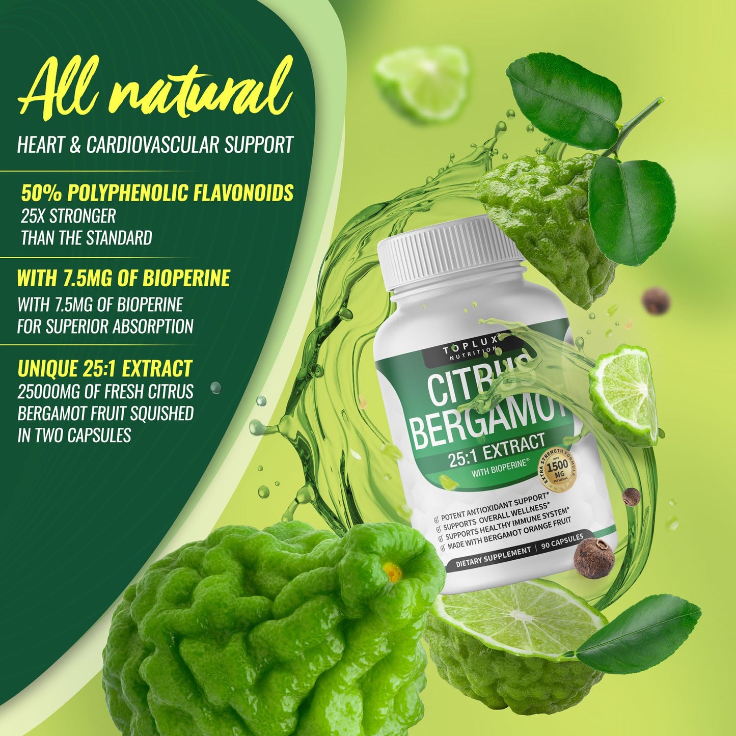 Toplux Citrus Bergamot 1500mg (25:1) Bergamot Extract Capsules, 90 Count