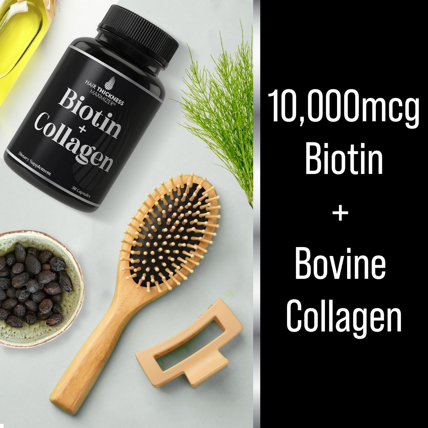 Hair Thickness Maximizer Biotin and Collagen Supplement – 10,000mcg Biotin + Bovine Collagen, Capsules, 30 Count