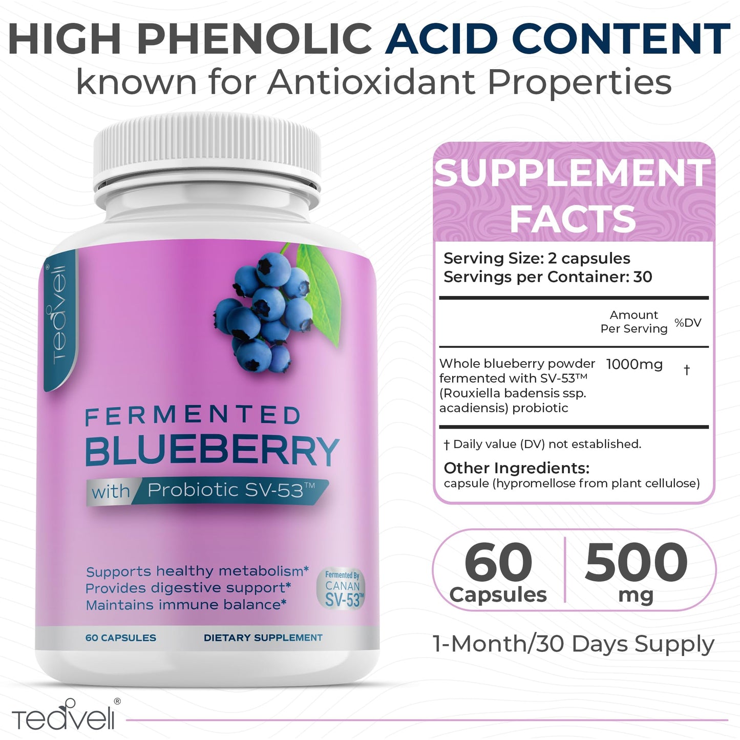 Teaveli Probiotic Blueberry Supplement with Wild Blueberries 1000 mg/Serving with Powerful Polyphenols & Anthocyanins Capsules, 60 Count