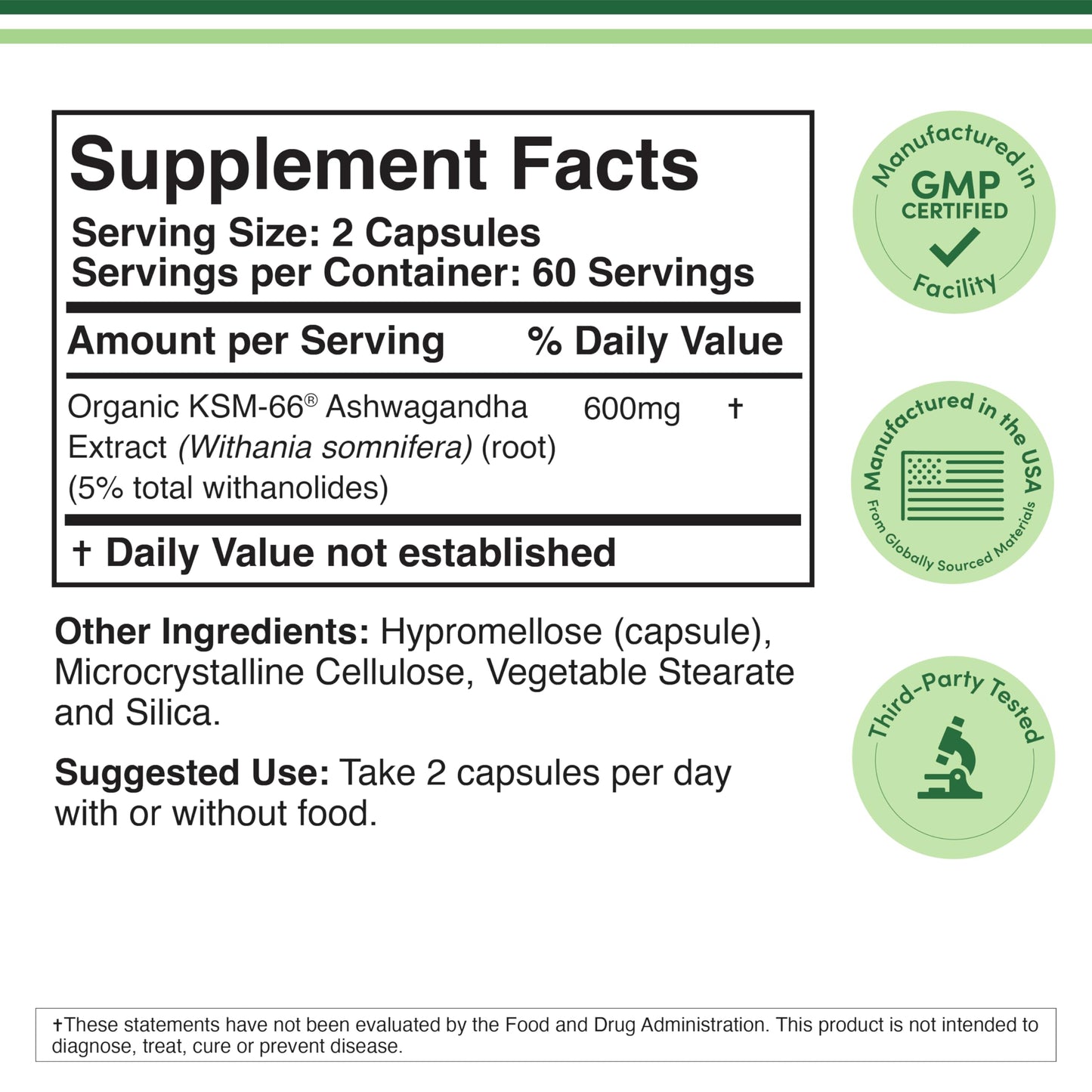 Double Wood Supplements Ashwagandha KSM 66 Organic and Clinically Studied Extract, Capsule, 120 Count