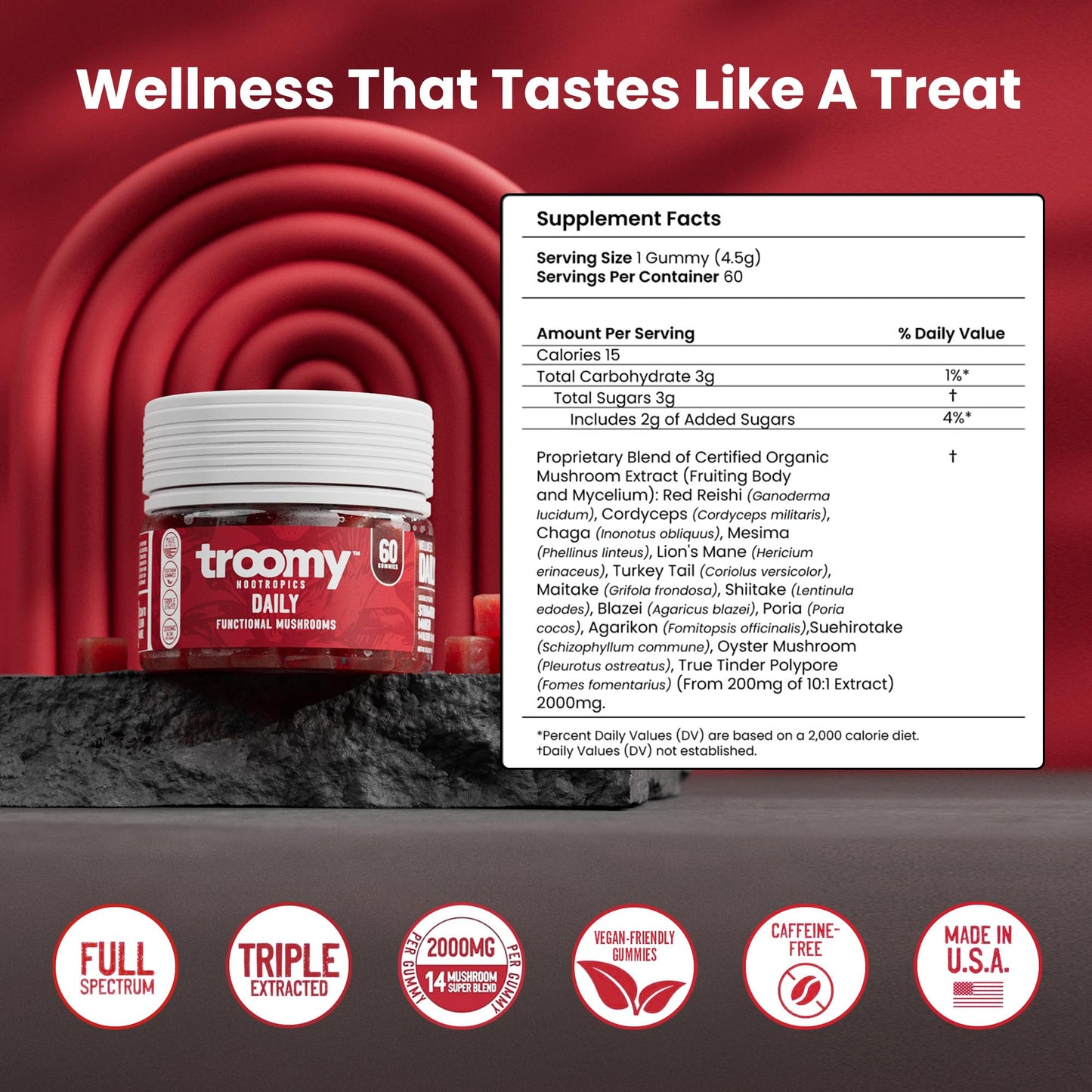 Troomy Nootropics Daily 14 Mushroom Blend Gummies 60 Count