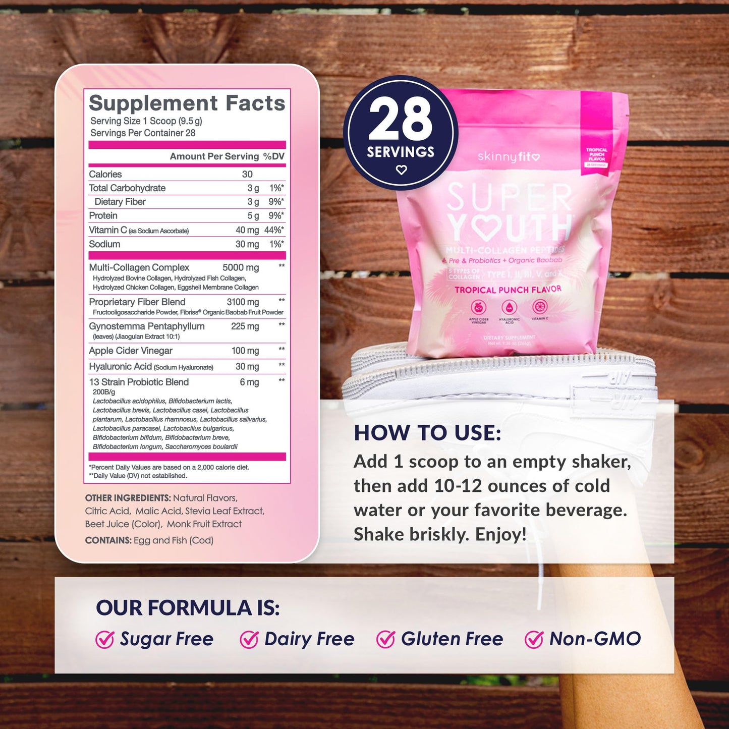 SkinnyFit Super Youth Collagen for Women - Multi Collagen Peptides Powder with Probiotics, Fiber, Hyaluronic Acid, 11 oz