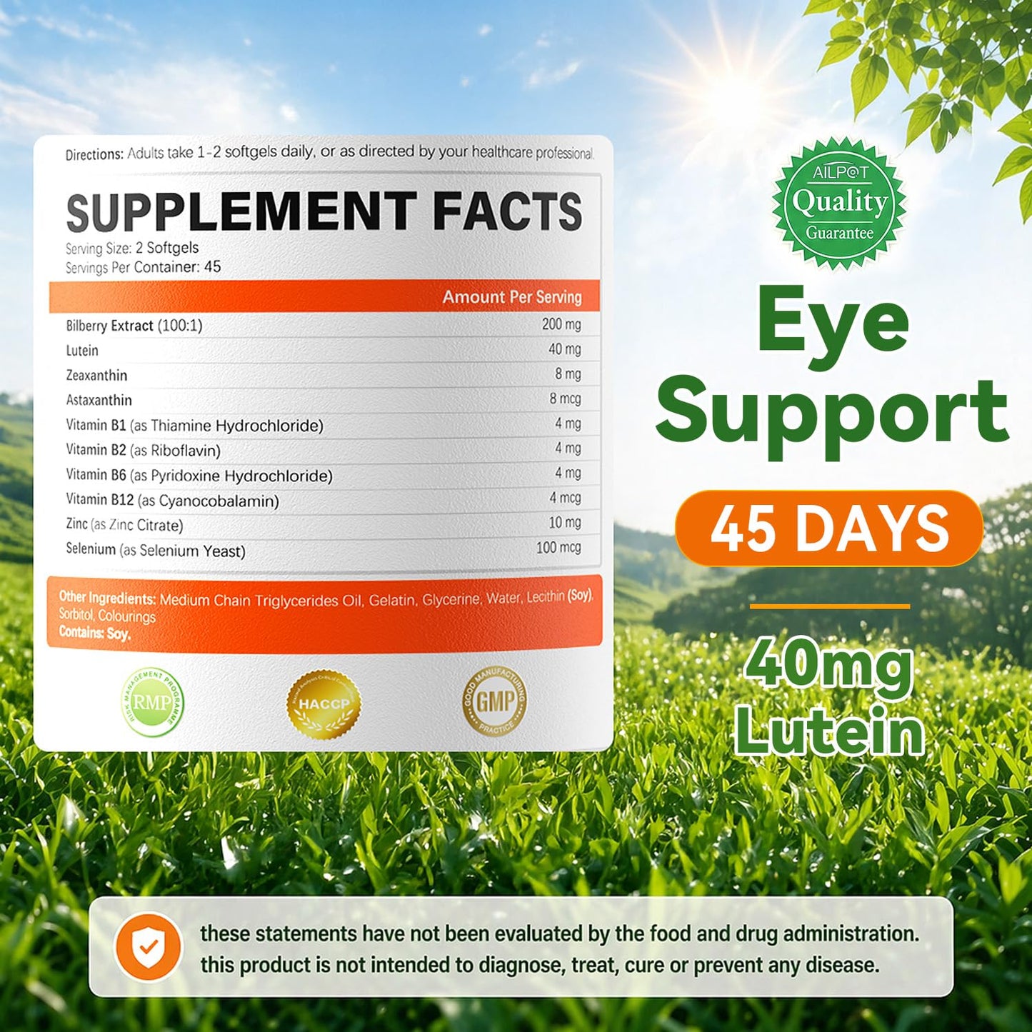 AILPOT Lutein 40mg & Zeaxanthin 8mg Eye Health Caplets, 90 Count