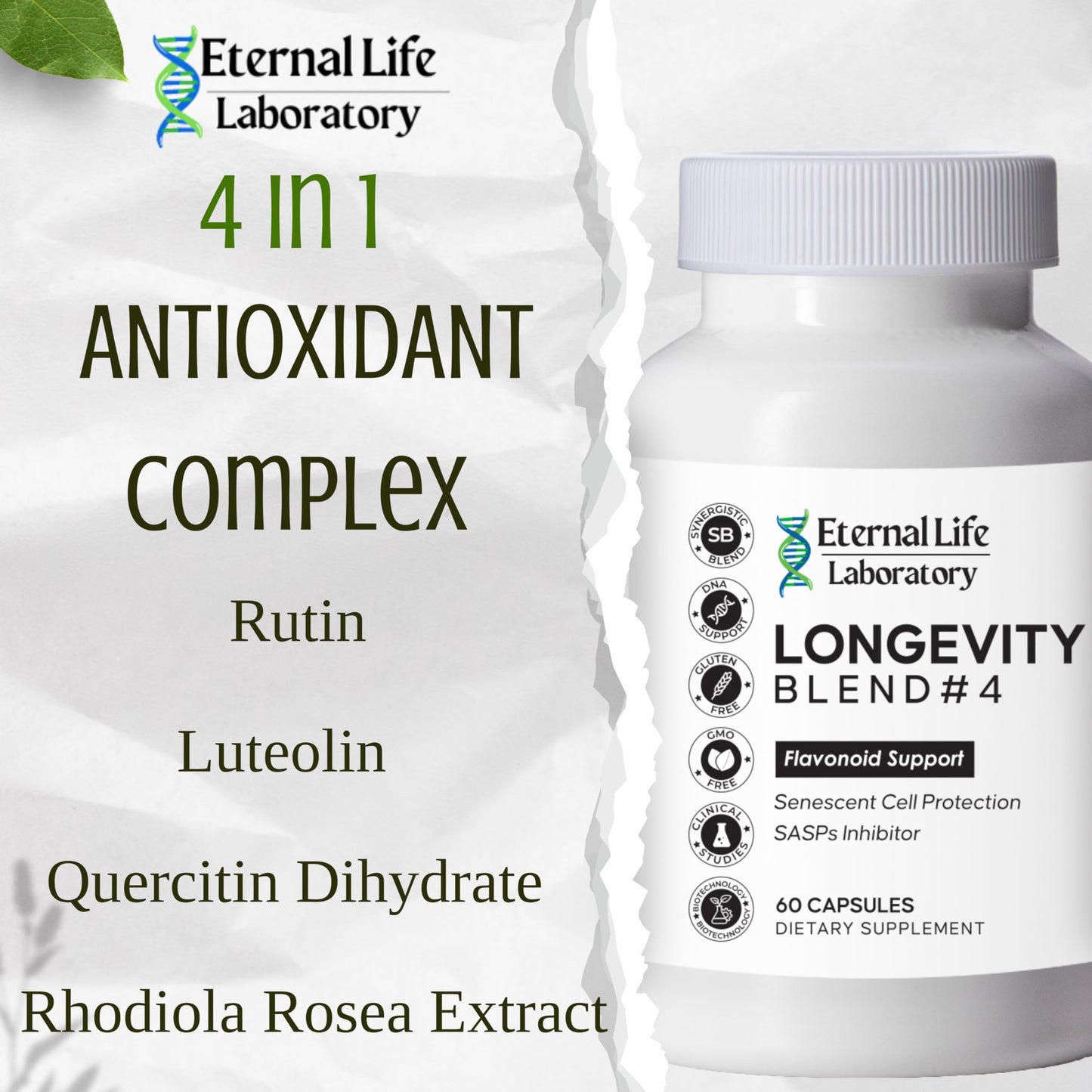 Eternal Life Laboratory Quercitin, Rhodiola Rosea, Luteolin and Rutin Longevity Blend #4 Anti-Aging Supplement for Cellular Defense with Immunity and Energy Support, Antioxidants, 1 Capsule