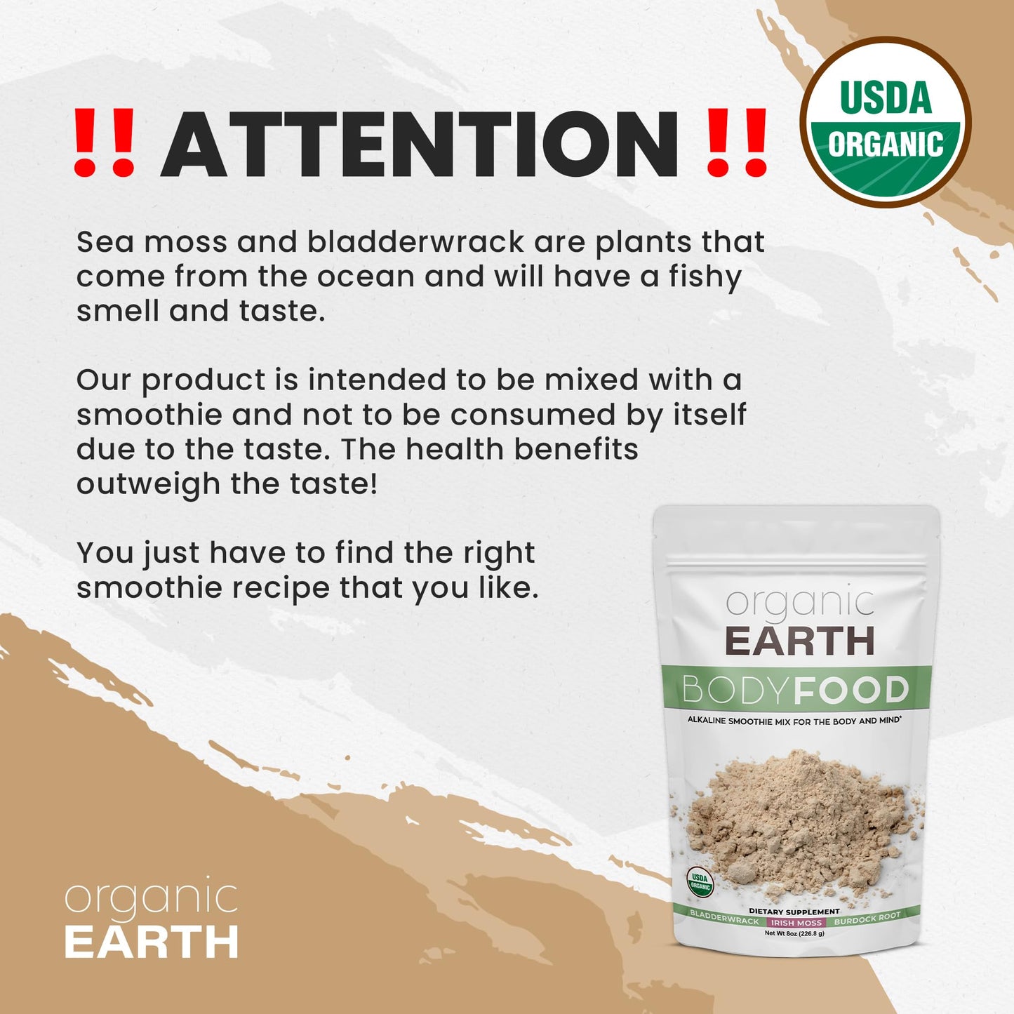 Organic Earth Irish Sea Moss Powder with Bladderwrack & Burdock Root, 8 oz
