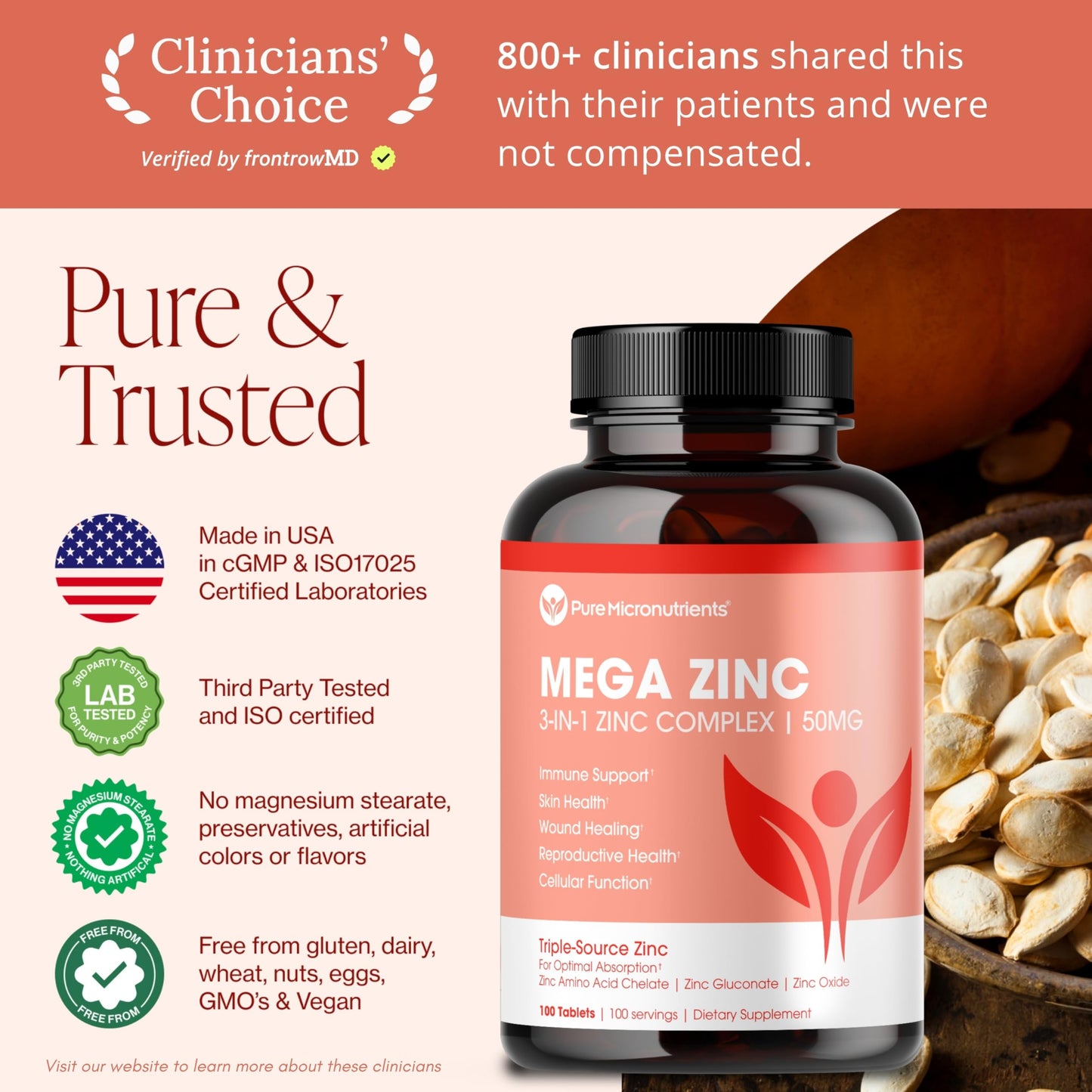 Pure Micronutrients Mega Zinc Supplement 50mg, 3-in-1 Zinc Complex Tablet, 100 Tablets