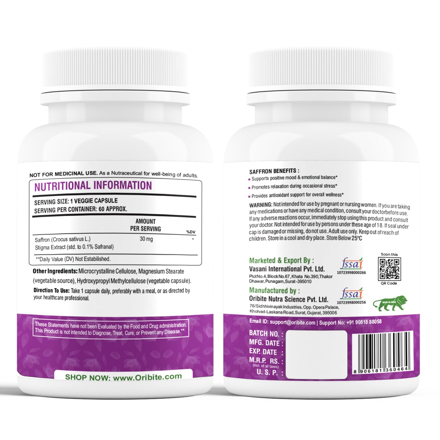 ORIBITE Saffron Supplement 30mg – 100% Pure Saffron Extract Capsules, 60 Capsules