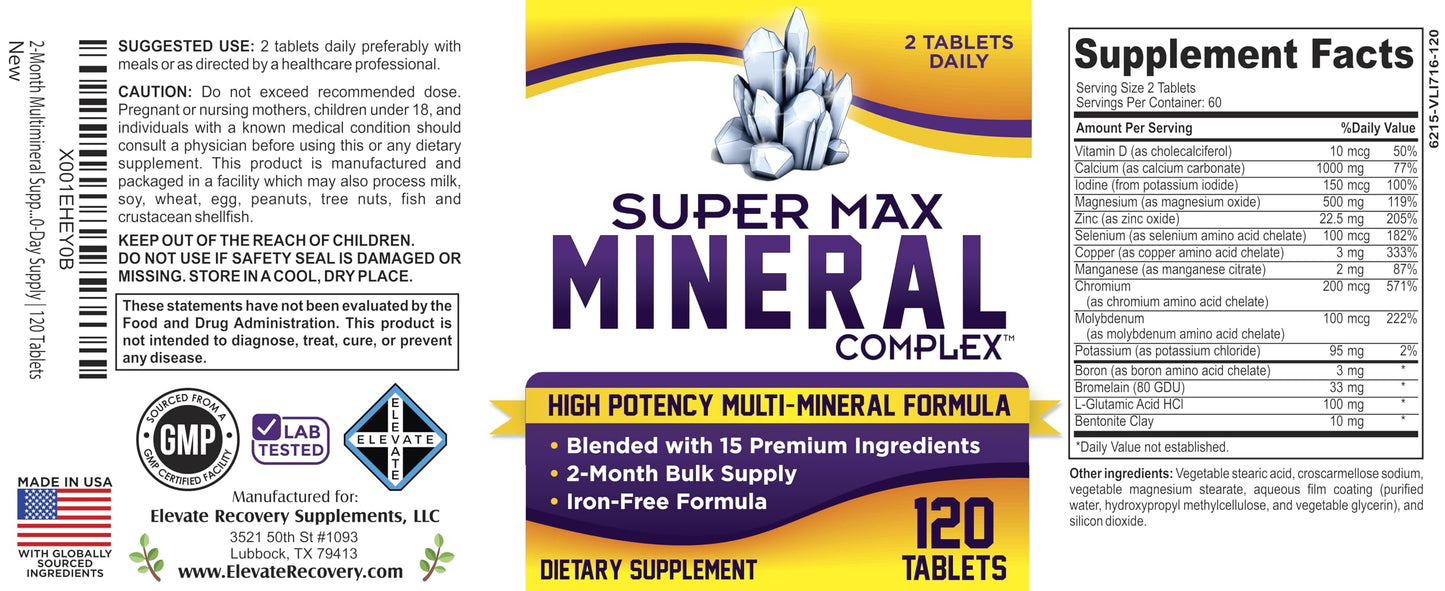 Elevate Recovery Supplements 2-Month Multimineral Supplement Iron-Free Formula 60-Day Bulk Supply 120 Tablets