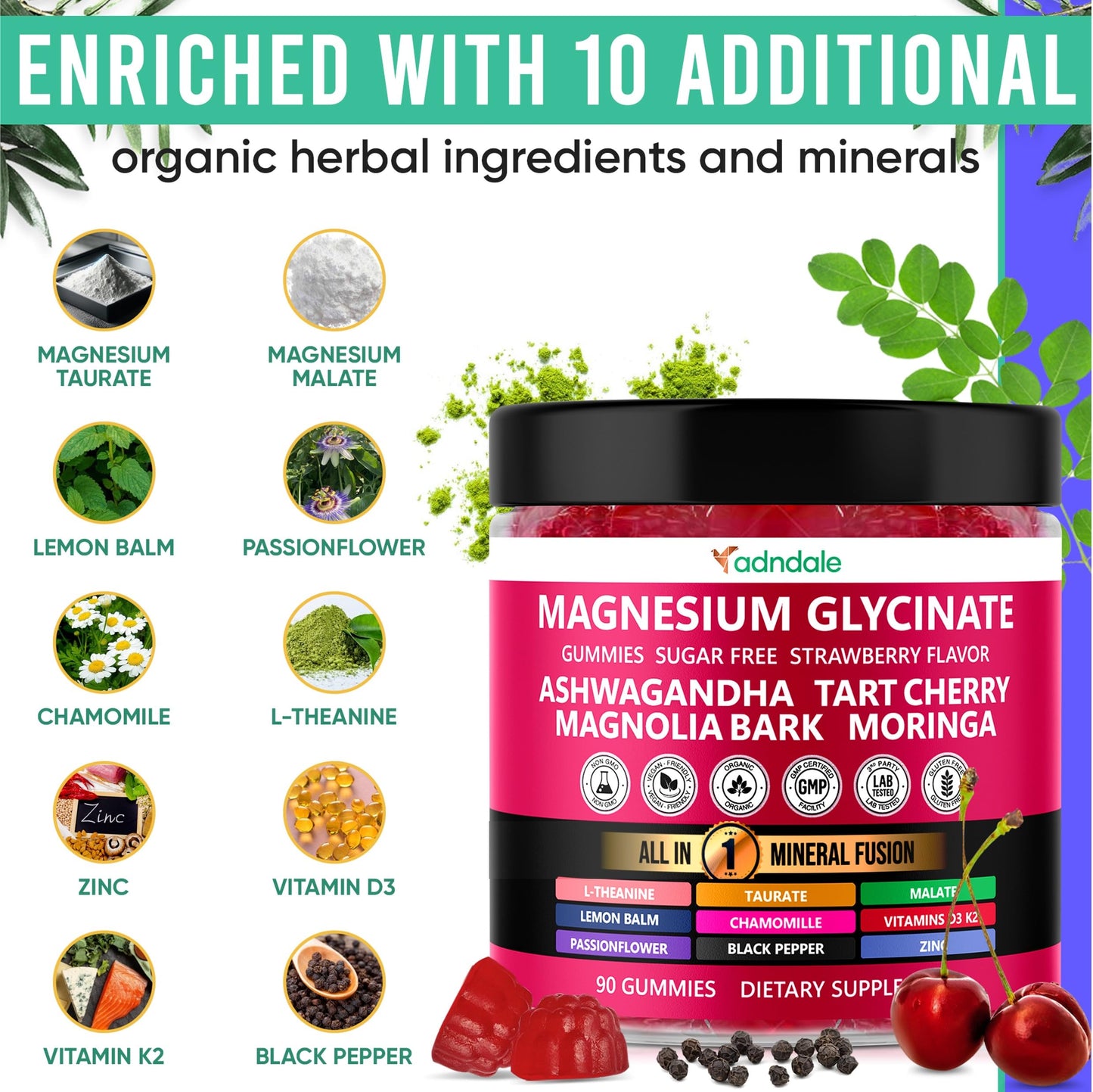 Adndale Magnesium Glycinate 400 mg Gummies, 90 Count