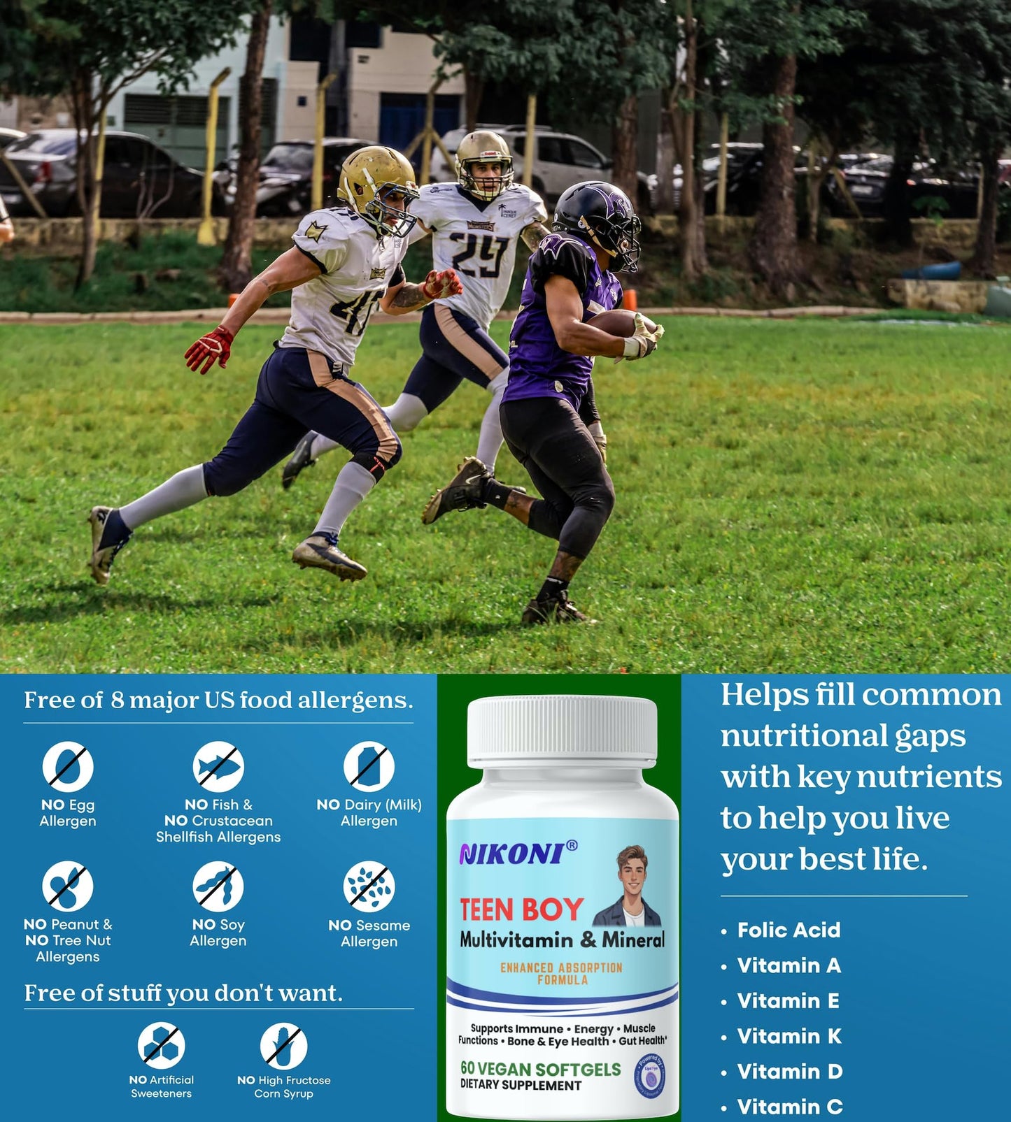 Nikoni Teen Boy Multivitamin & Mineral Vegan Softgels – Enhanced Absorption Formula – 60 Ct