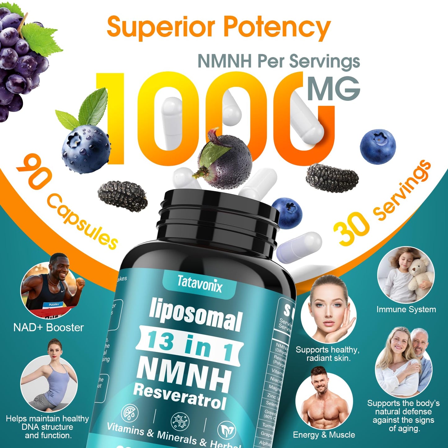 Tatavonix NMNH (Dihydronicotinamide Mononucleotide) 1000mg per Serving NMN Alternative with Liposomal NAD+, Resveratrol & PQQ Capsules 90 Count