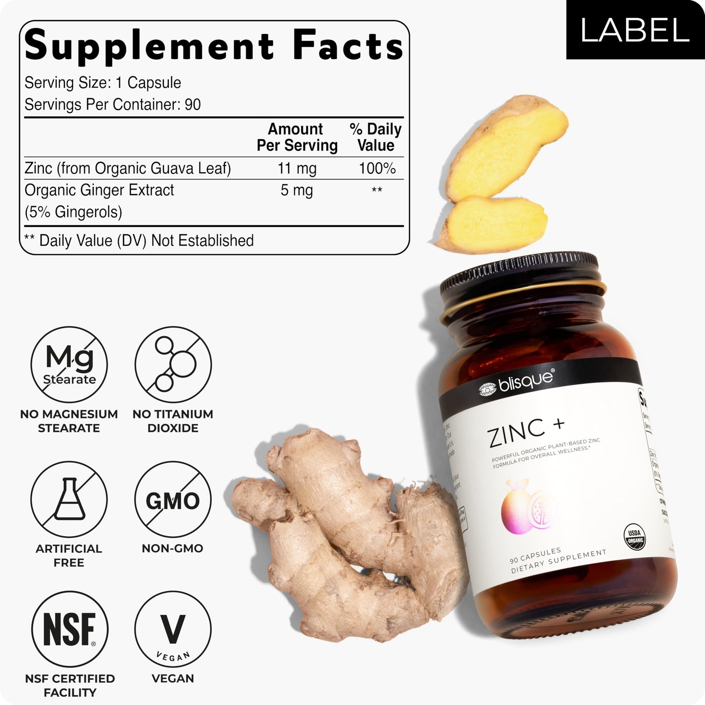 Blisque Organic Zinc Supplement Sourced from Guava Leaves with Ginger Extract, 90 Capsules