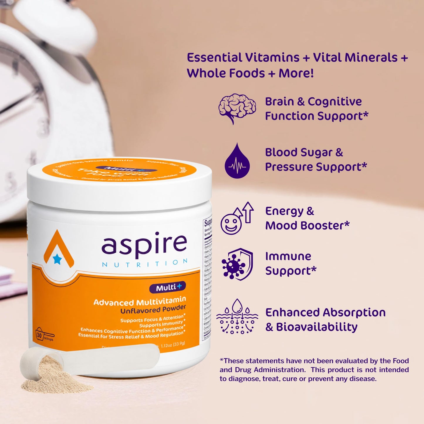 Aspire Nutrition Multi+ Advanced Multivitamin for Kids, Men & Women Powder, 30 Ounces