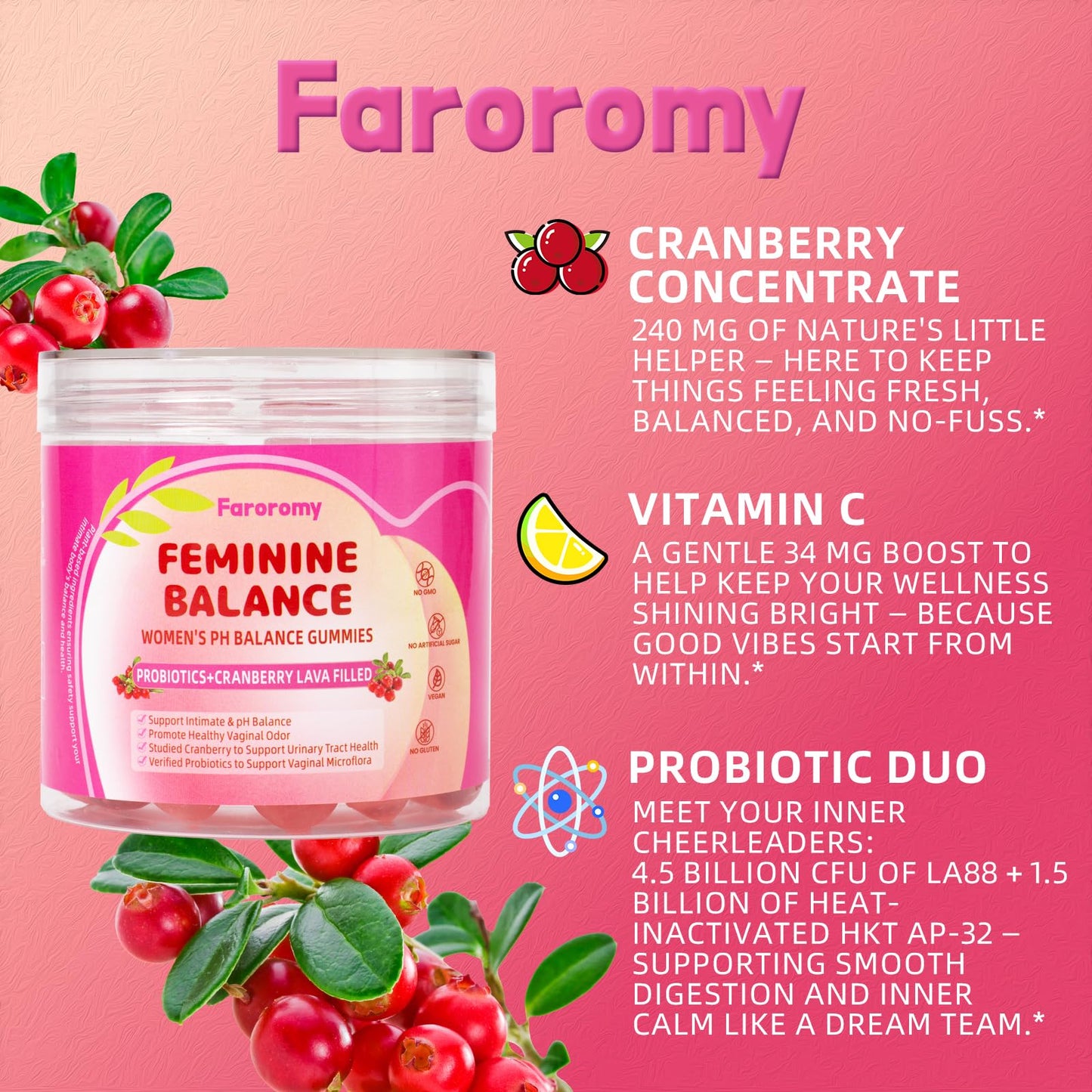 Faroromy Feminine Balance Gummies for Women, Cranberry, 60 Gummies