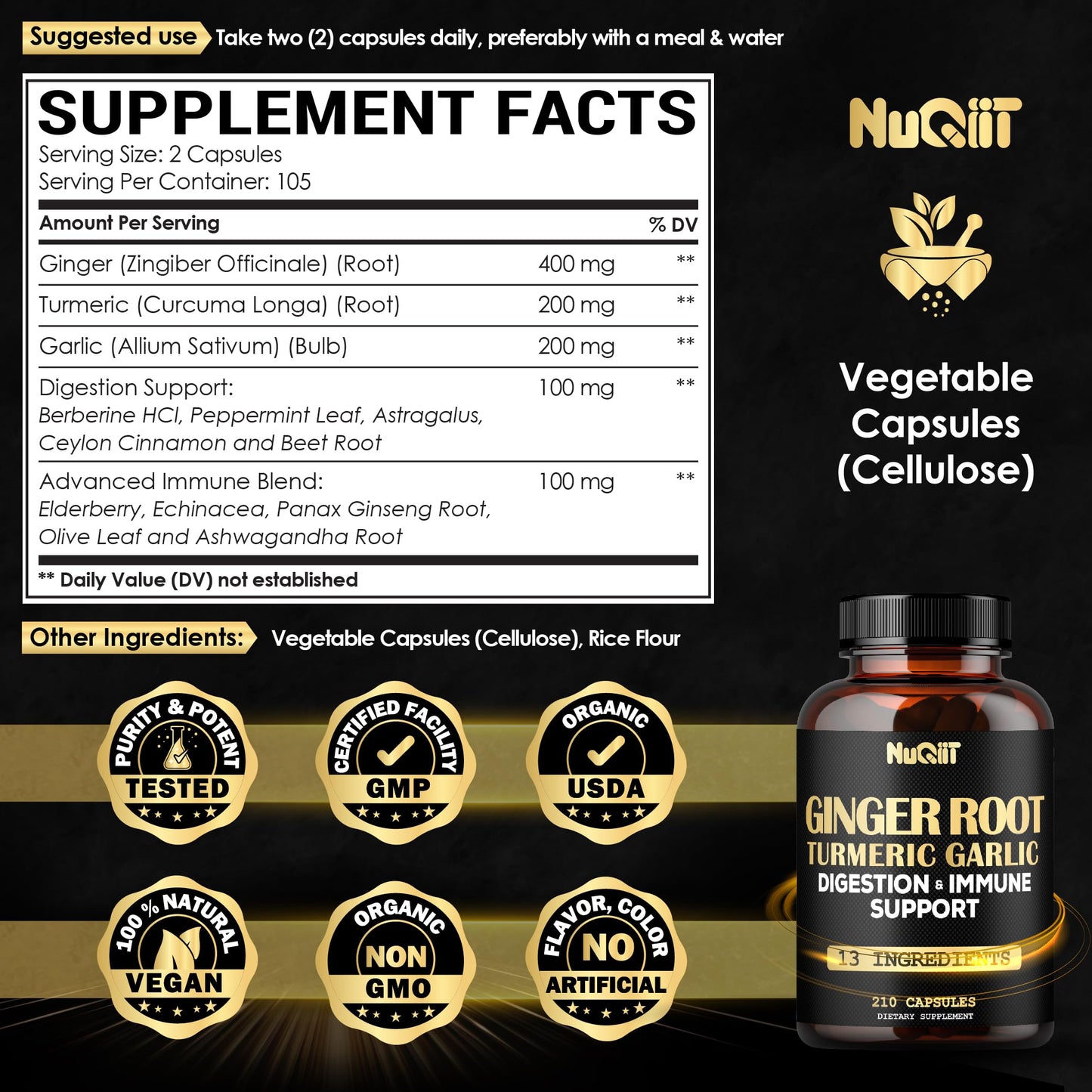 NUQIIT Ginger Supplements Capsules with Turmeric Curcumin, Garlic Bulb, Berberine HCl, Echinacea, 210 Capsules