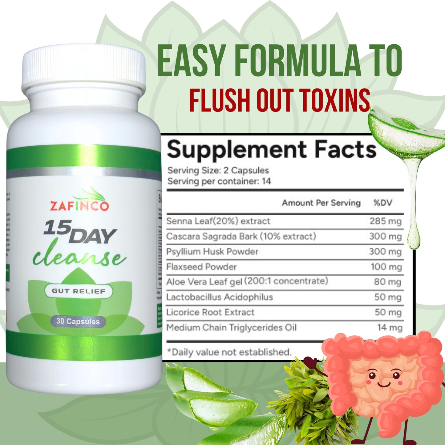 ZAFiNCO Gut Relief 15 Day Colon Cleanse & Detox Probiotics, Non-GMO, 30 Capsules