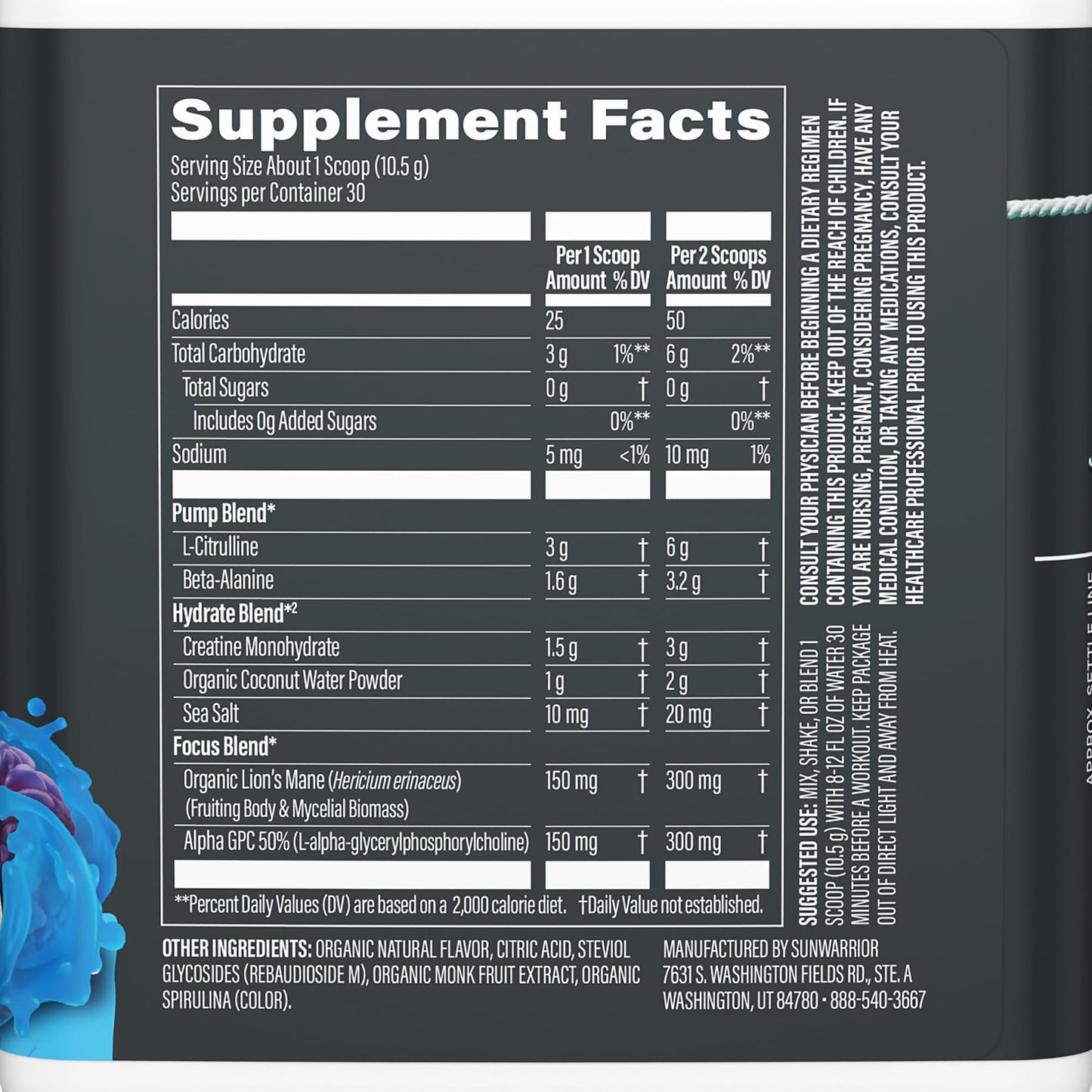 Sunwarrior Pre Workout Powder Blue Raspberry Pineapple Flavor 11.1 Ounce