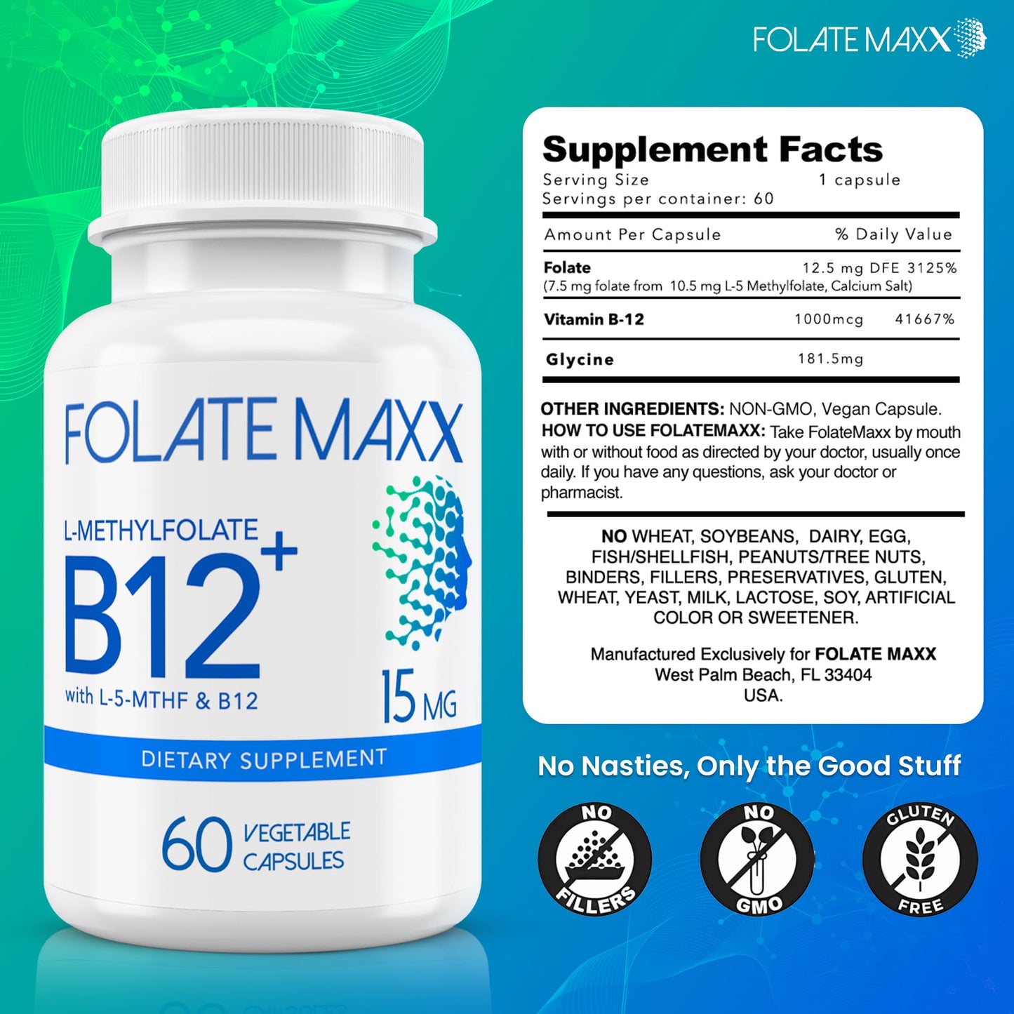 FOLATE MAXX L-Methylfolate 15mg Plus B12 Methylcobalamin Capsules, 60 Count