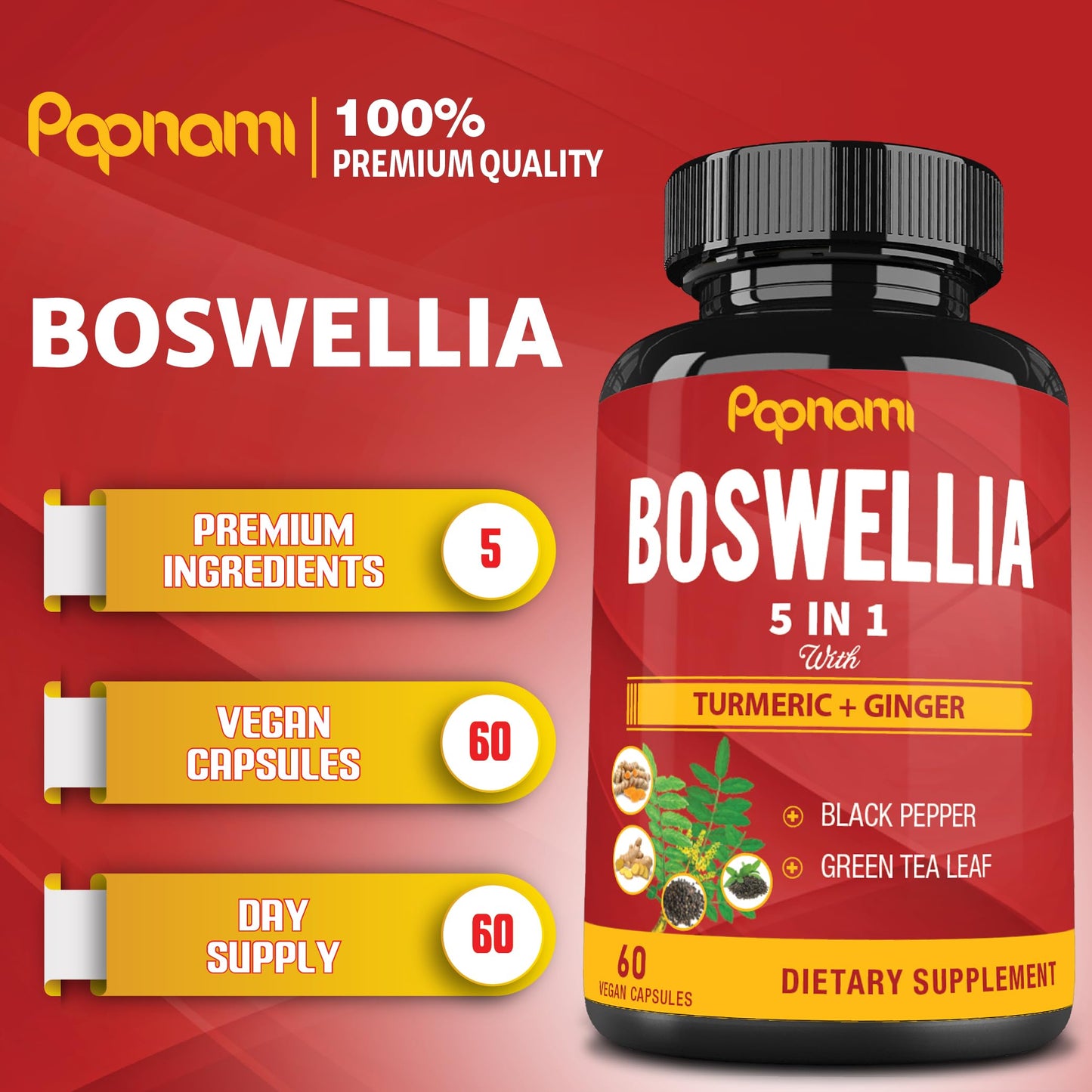 Papnami Organic Boswellia Serrata Extract Capsules with Turmeric, Ginger, Black Pepper & Green Tea, 60 Capsules