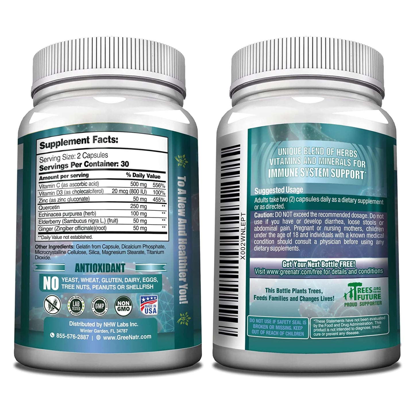 GreeNatr Immune Support Supplement with Vitamin C, D3, Zinc 50mg, Quercetin, Echinacea Purpurea, Sambucus Elderberry and Ginger, 60 Capsules