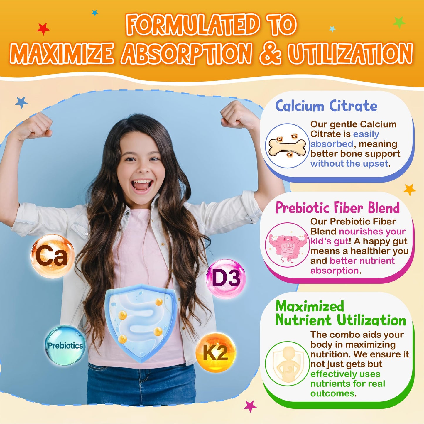 Edmmyliy Kids Calcium Gummies with Vitamin D3 K2 - Calcium Citrate with Magnesium, Zinc, Omega-3 and Probiotics for Kids Bone Health, Digestive & Development Support - Sugar Free, Non-GMO, Vegan, 60 Gummies