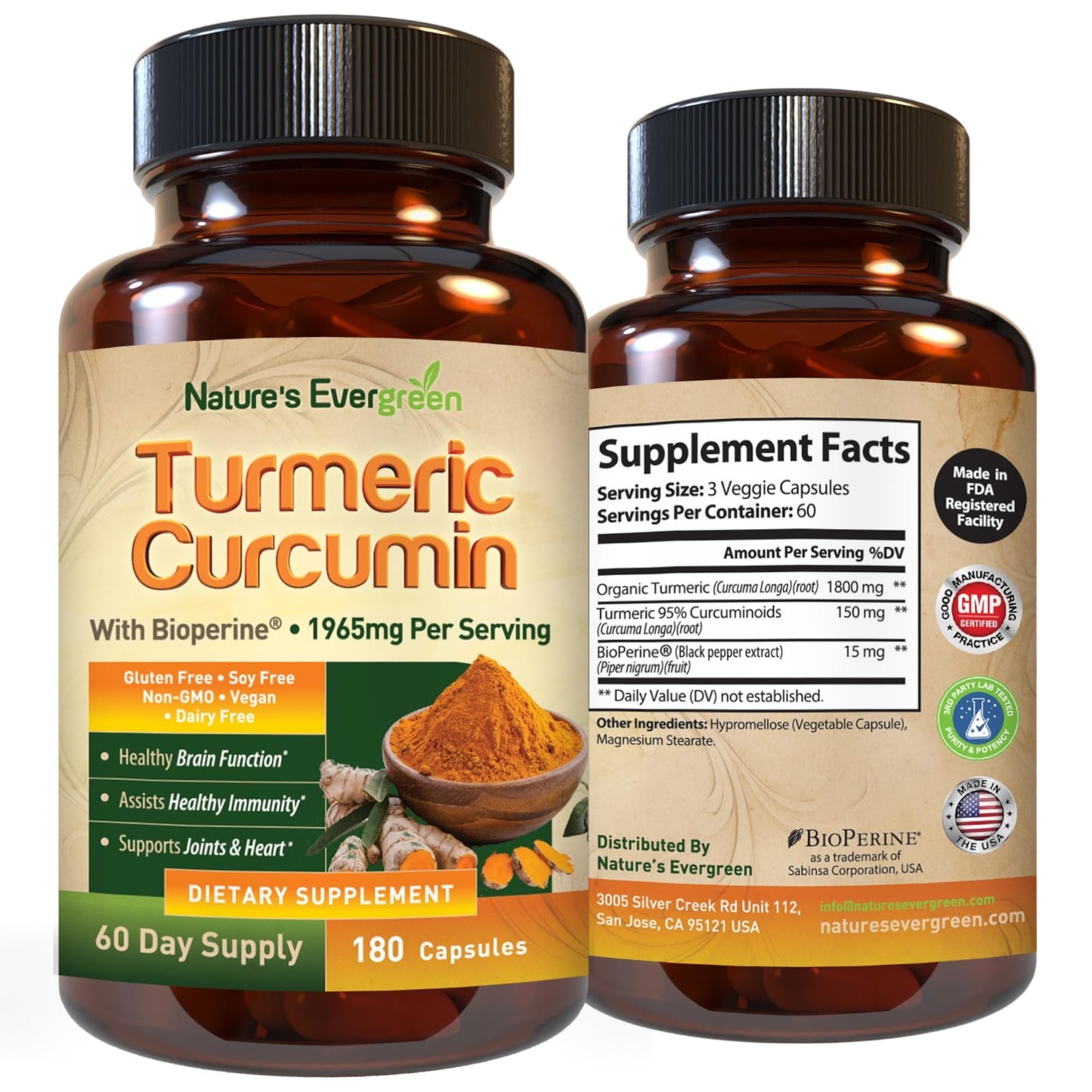 Nature's Evergreen Turmeric Curcumin with Black Pepper Extract (Bioperine) & Organic Turmeric Vegan Joint Support Supplement, 95% Curcuminoids, 1965mg, 180 Capsules