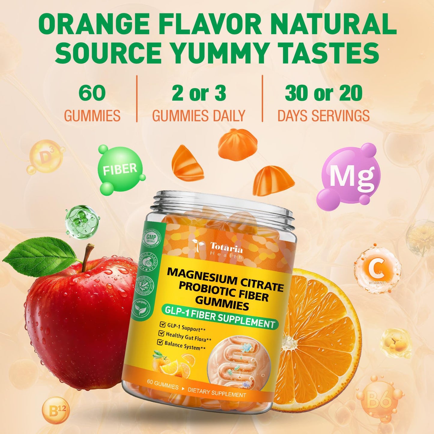 Totaria 15-in-1 Magnesium Citrate Fiber Gummies with Probiotic Prebiotic for Digestion, Apple Cider Vinegar 500mg, Acacia, B6, B12, 60 Gummies