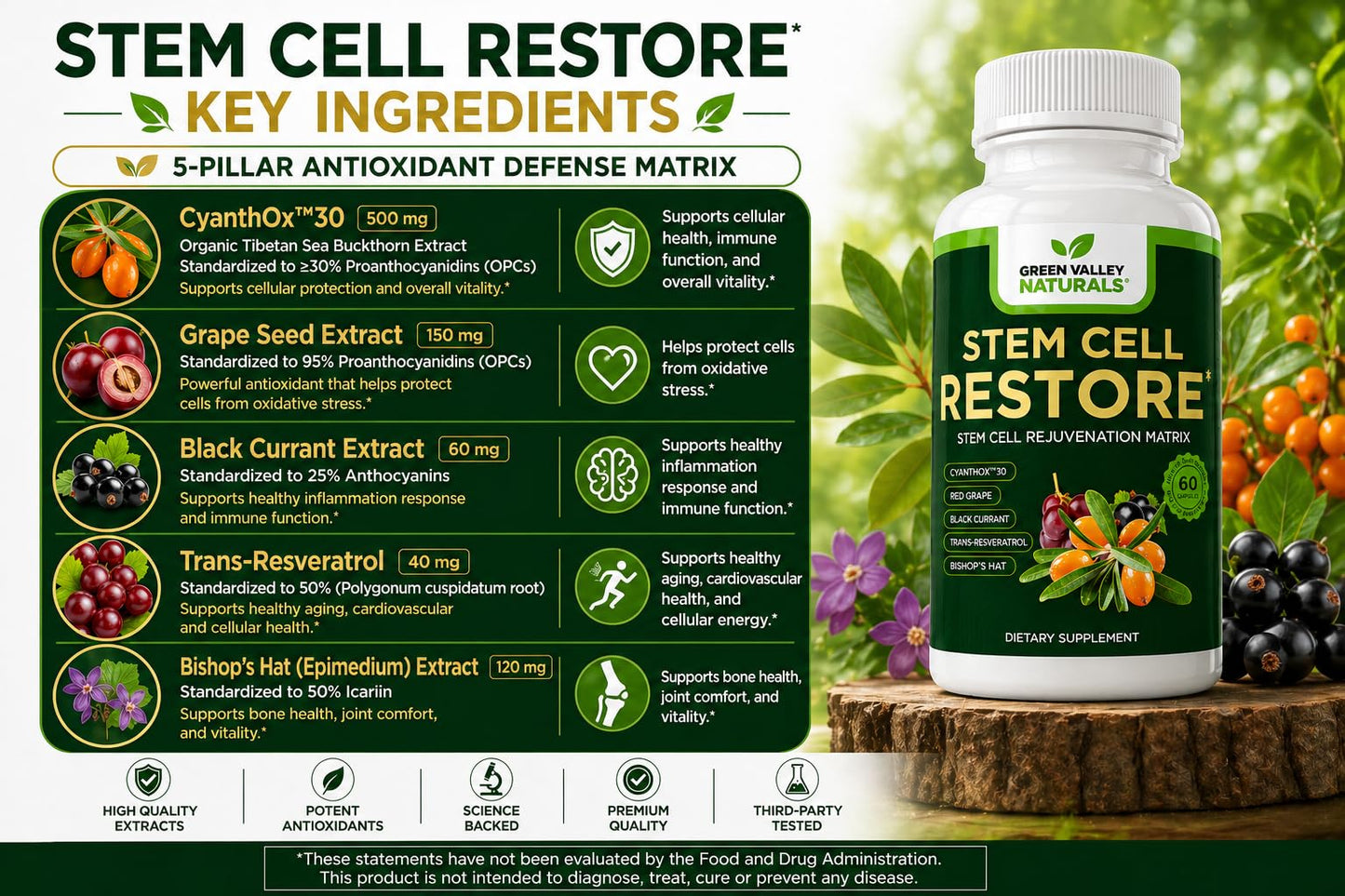 Green Valley Naturals Stem Cell Restore – Cellular Health Support Supplement with CYANTHOX™30, Sea Buckthorn, Black Currant, Grape Seed & Resveratrol, 60 Capsules