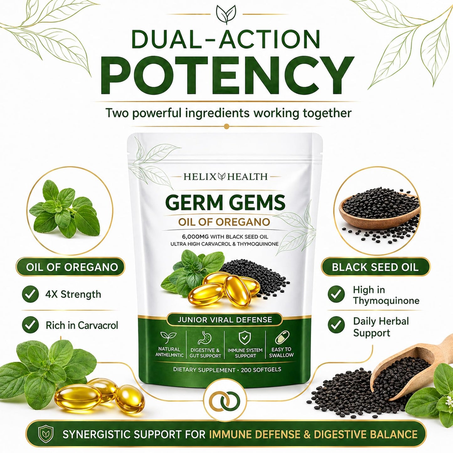 AuraNaturals Helix Health Germ Gems Oil of Oregano Capsule with Black Seed Oil, 4X Strength Carvacrol & Thymoquinone, Immune & Digestive Support, 2-in-1 Formula, Plant Based, Non-GMO, 200 Count