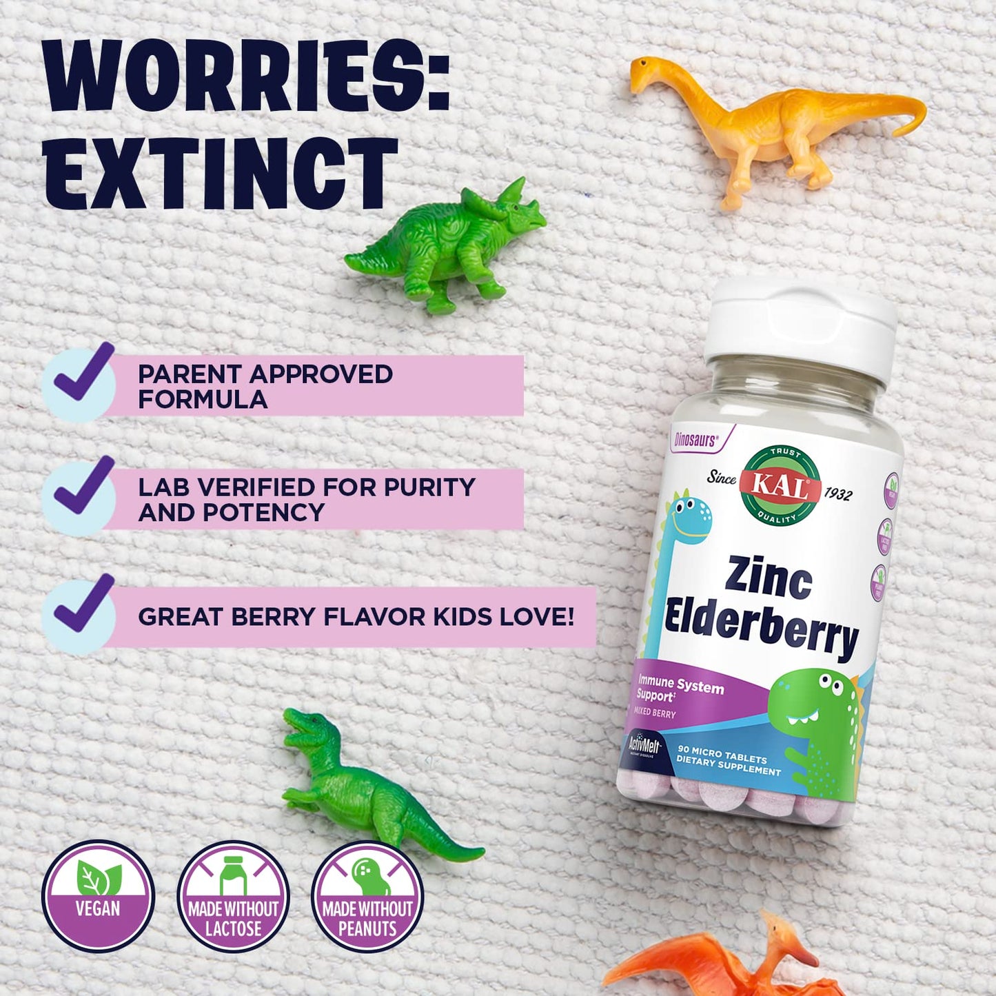 KAL Kids Zinc Elderberry Dinosaurs Immune Support Supplement, 90 Tablets