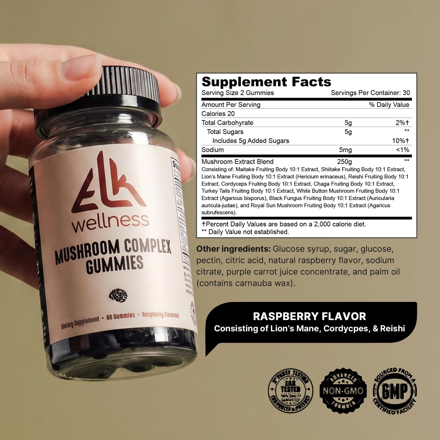 ELK Wellness 10-in-1 Mushroom Gummies Lions Mane Raspberry 60 Count