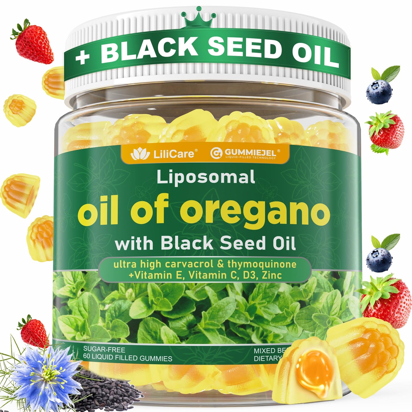LILICARE Oil of Oregano with Black Seed Oil Gummies, 60 Count