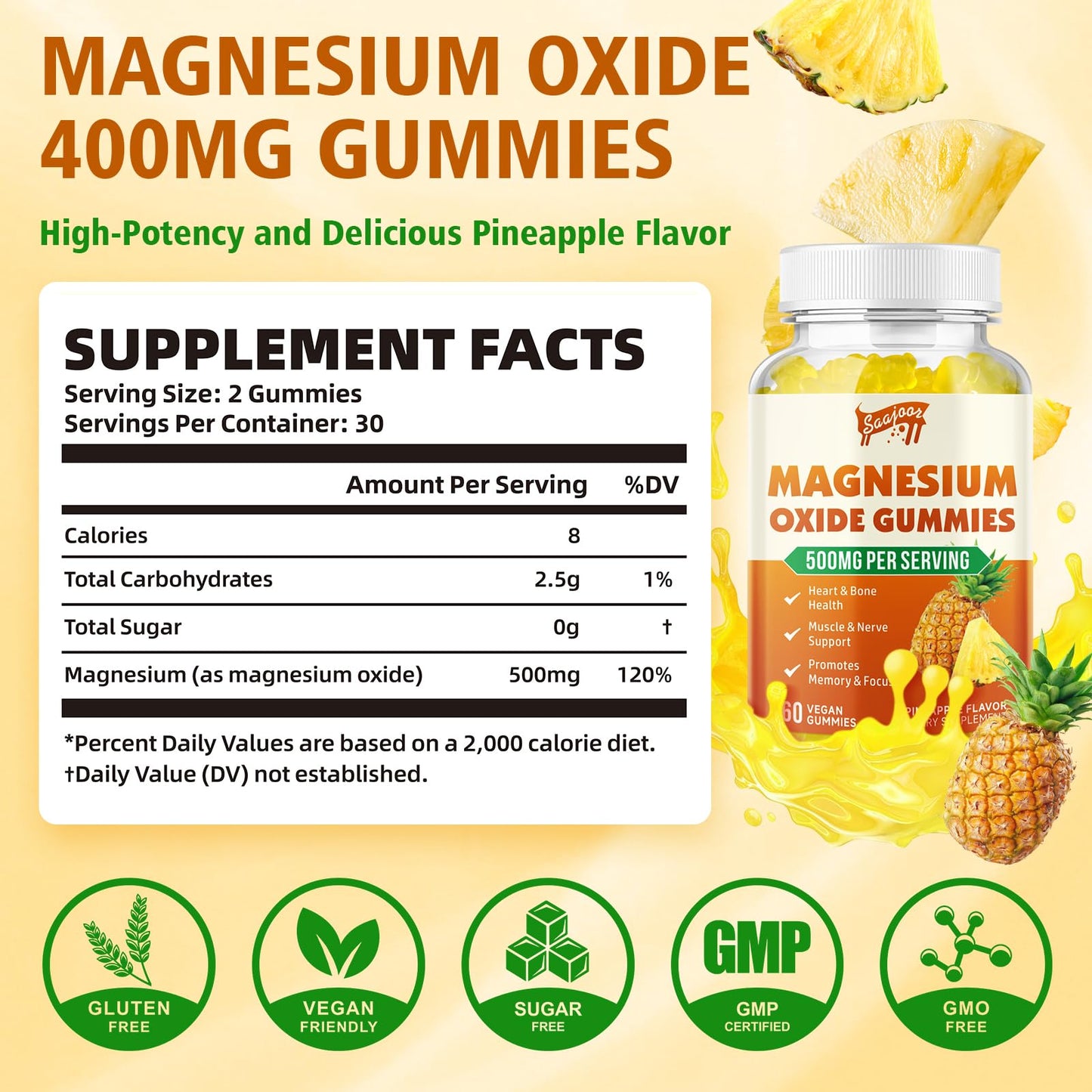 Saajoor Magnesium Oxide 500mg Gummies, 60 Count