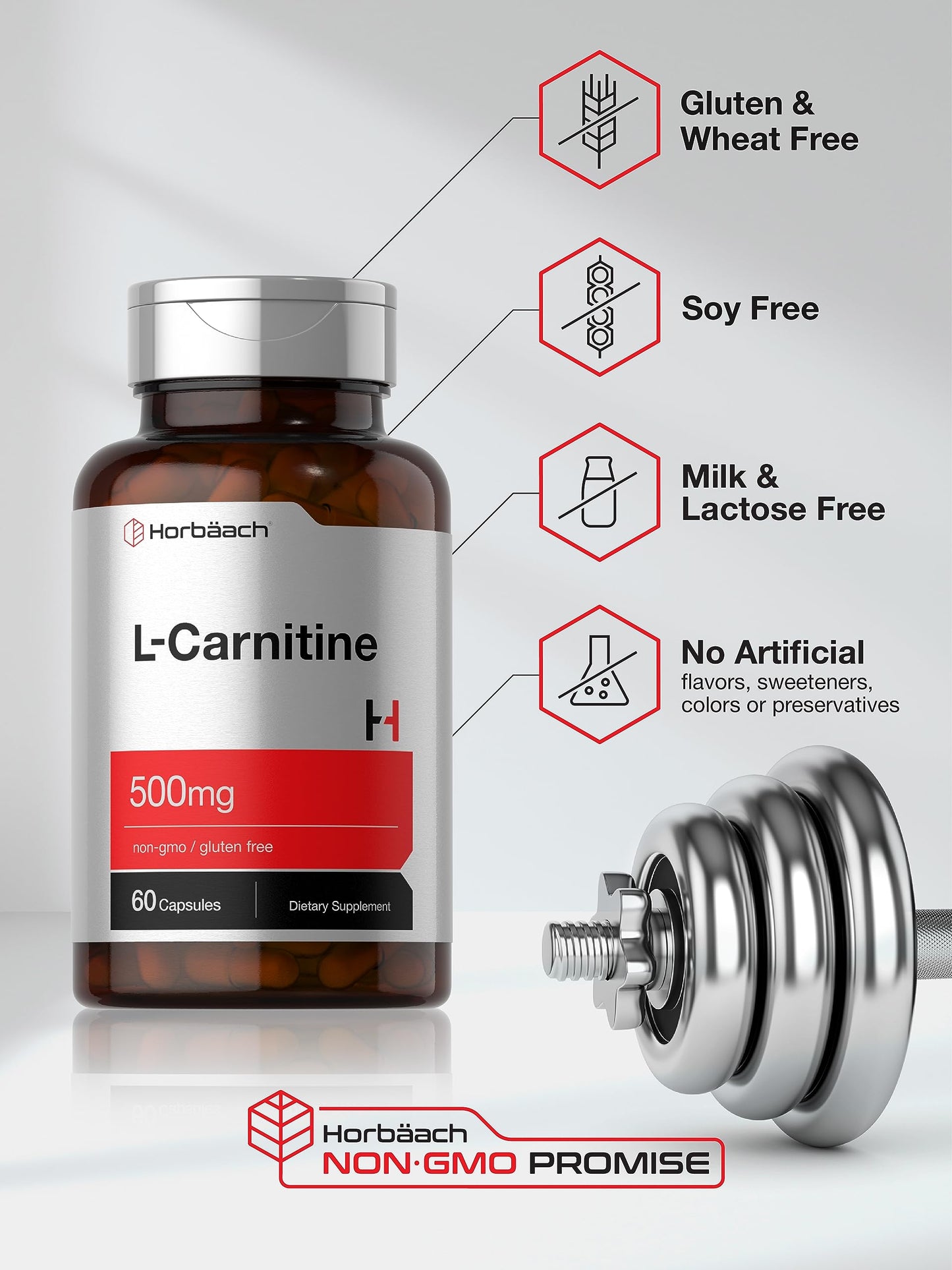Horbäach L-Carnitine Supplement 500mg Capsules, 60 Count