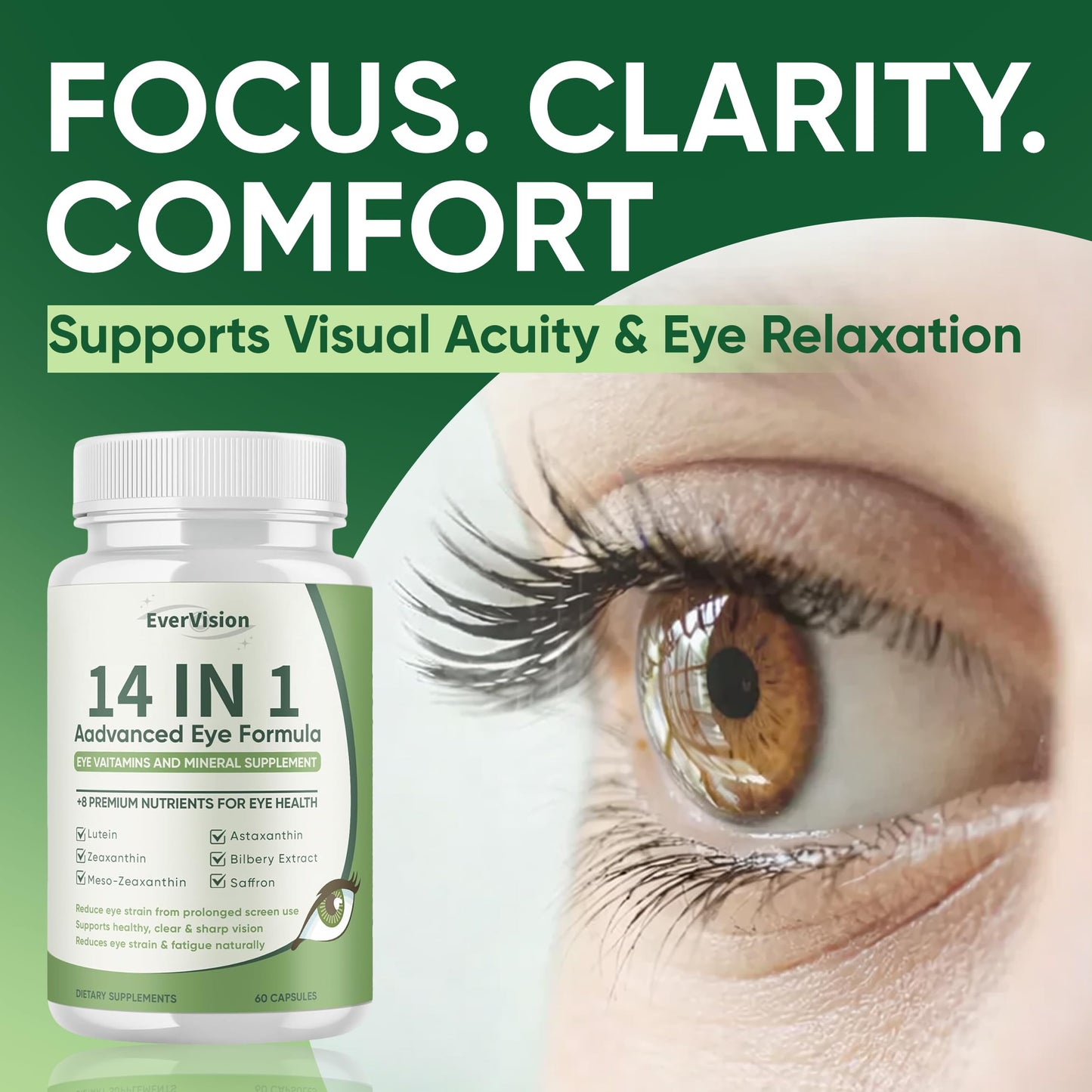 EVERVISION 14 in 1 Advanced Eye Formula Eye Supplement with Lutein, Zeaxanthin, Astaxanthin, Bilberry Extract & Zinc for Adults & Seniors, Capsule, 60 Capsules