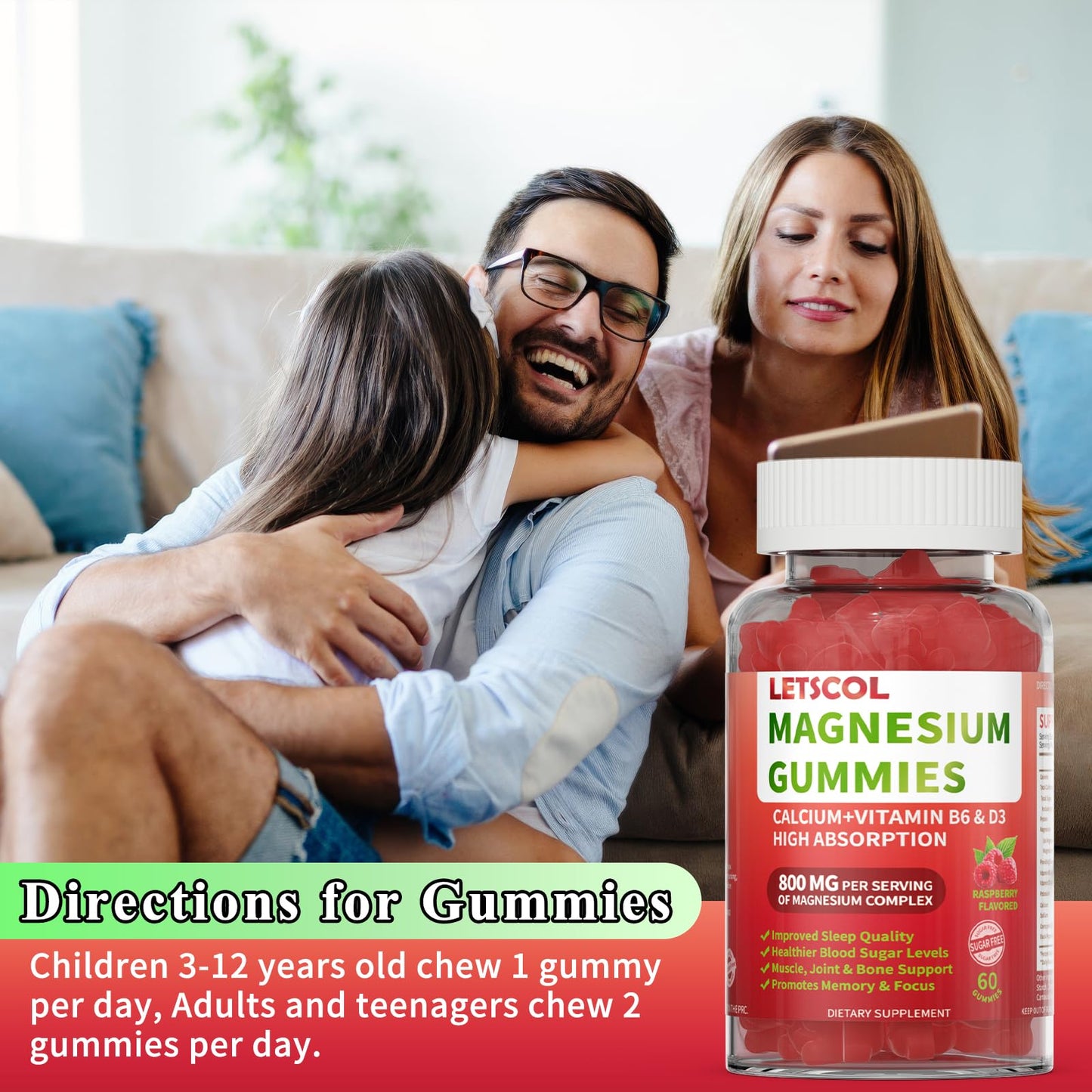 LETSCOL Magnesium Glycinate Gummies 800mg per Serving, 60 Count