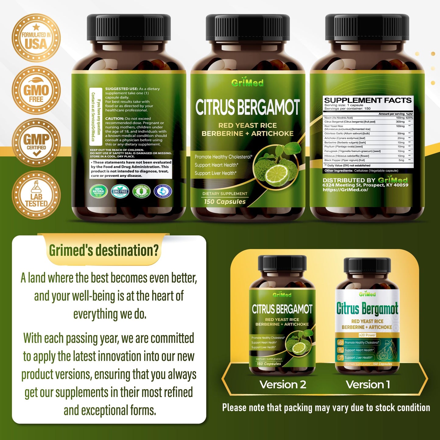GriMed Citrus Bergamot with Red Yeast Rice, Garlic, Artichoke for Healthy Cholesterol, Heart Health Capsules, Powder 180 Count