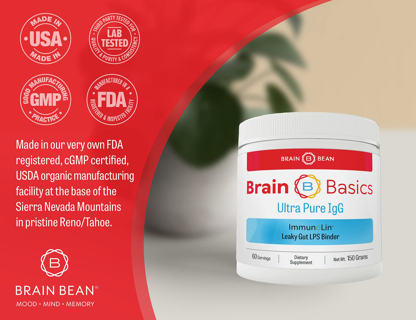 Brain Bean Brain Basics Ultra Pure IgG Supplement Powder 5.29 Ounce