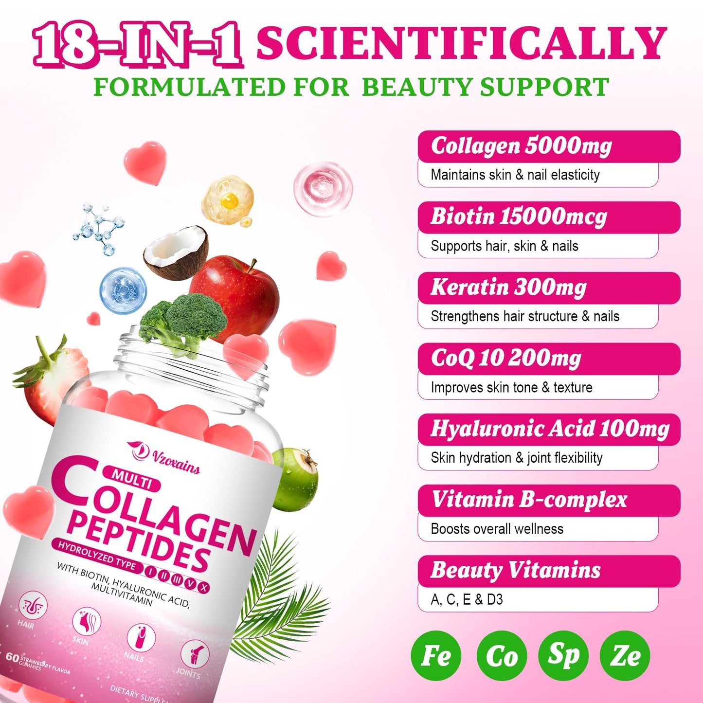 VZOXAINS Collagen Peptides Gummies, Gummy, 120 Count