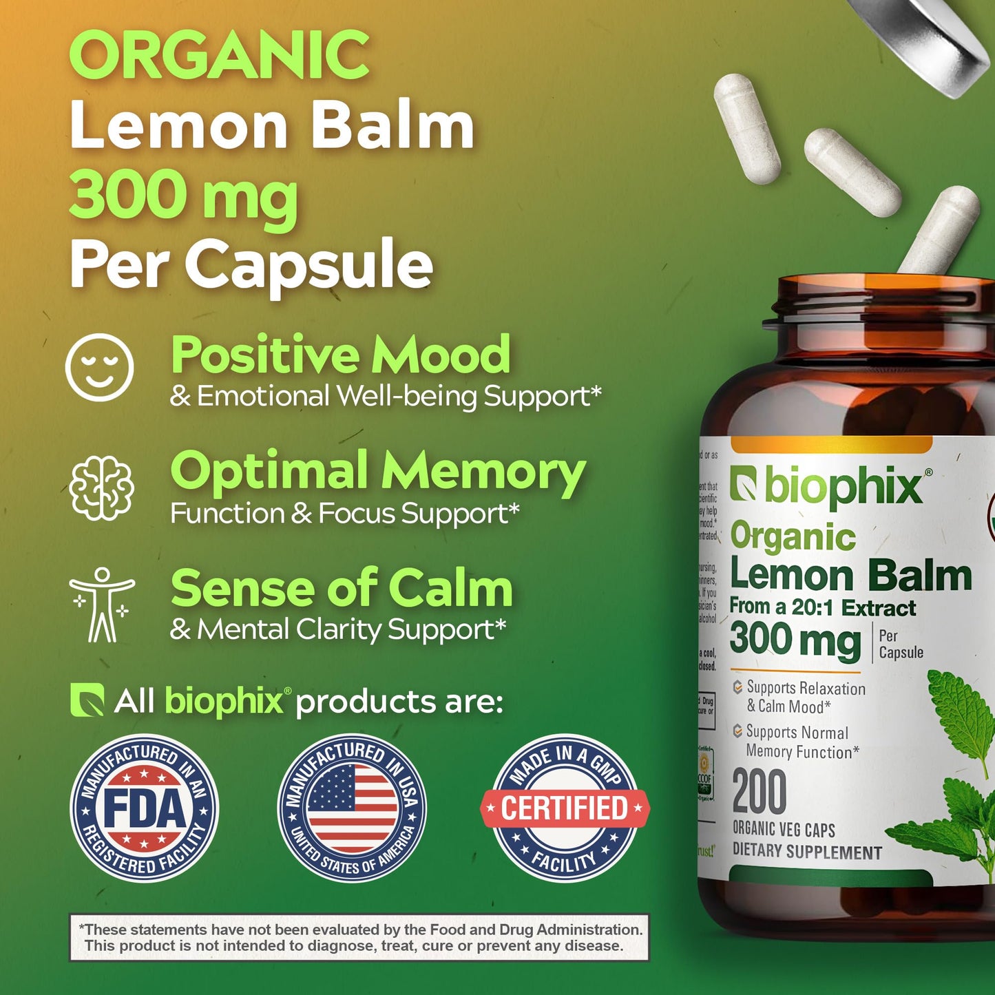 biophix Organic Lemon Balm Capsules 200