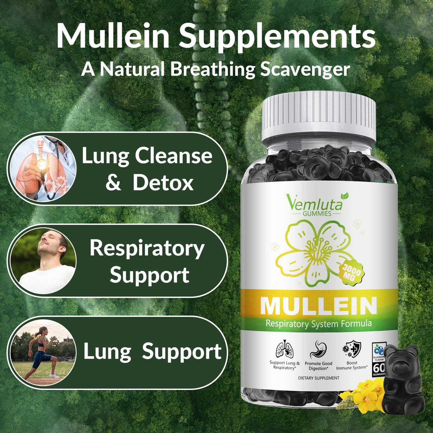 Vemluta Mullein Gummies for Lung Detox, 120 Gummies