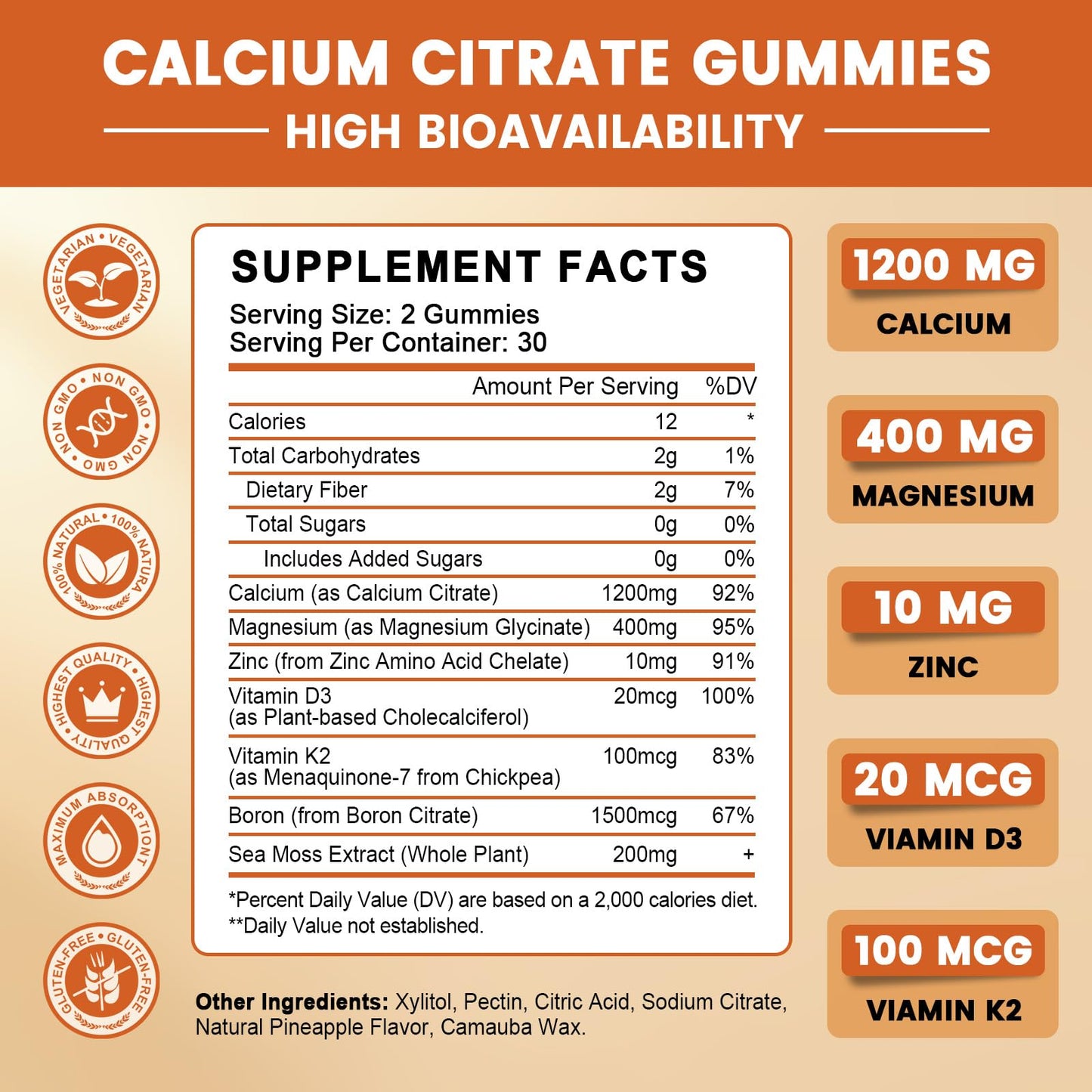 GONGOTA Calcium Citrate 1200mg with Vitamin D3 Gummy, Chewable Calcium for Bone, Muscle, Joints, Immune Support, Sugar Free Pineapple Flavor - 120 Gummies