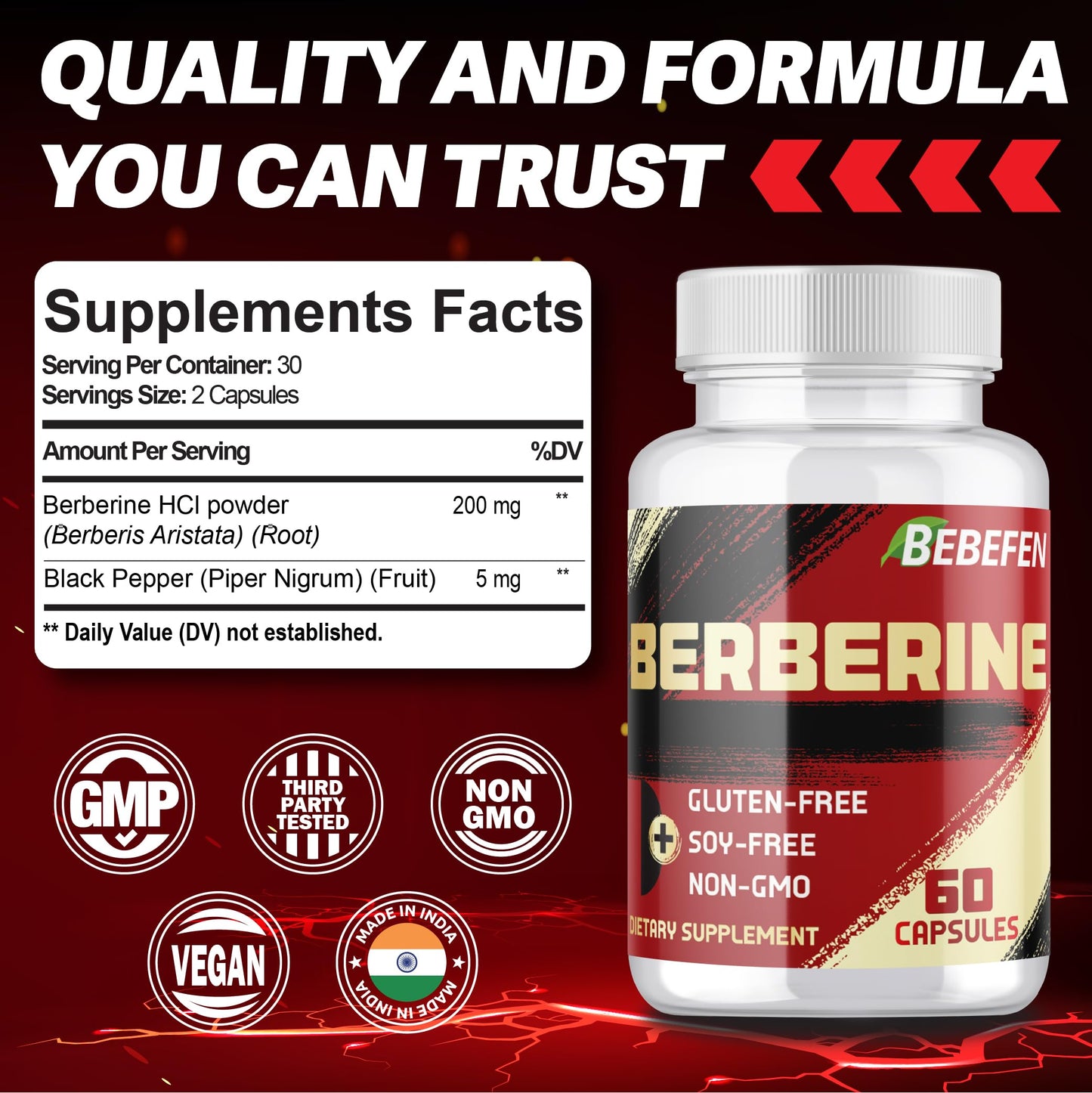 BEBEFEN Berberine HCL Supplement Capsules 60 Count