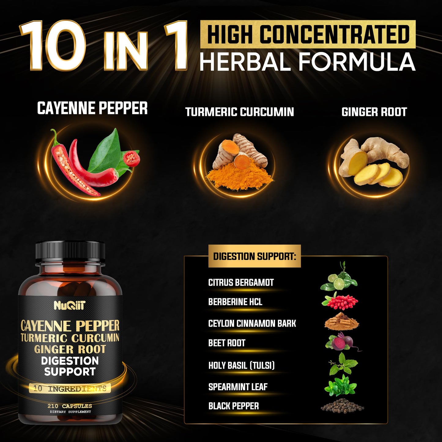 NUQIIT Cayenne Pepper Supplement with Turmeric Curcumin Root, Ginger Root, Ceylon Cinnamon Bark & More, 210 Capsules
