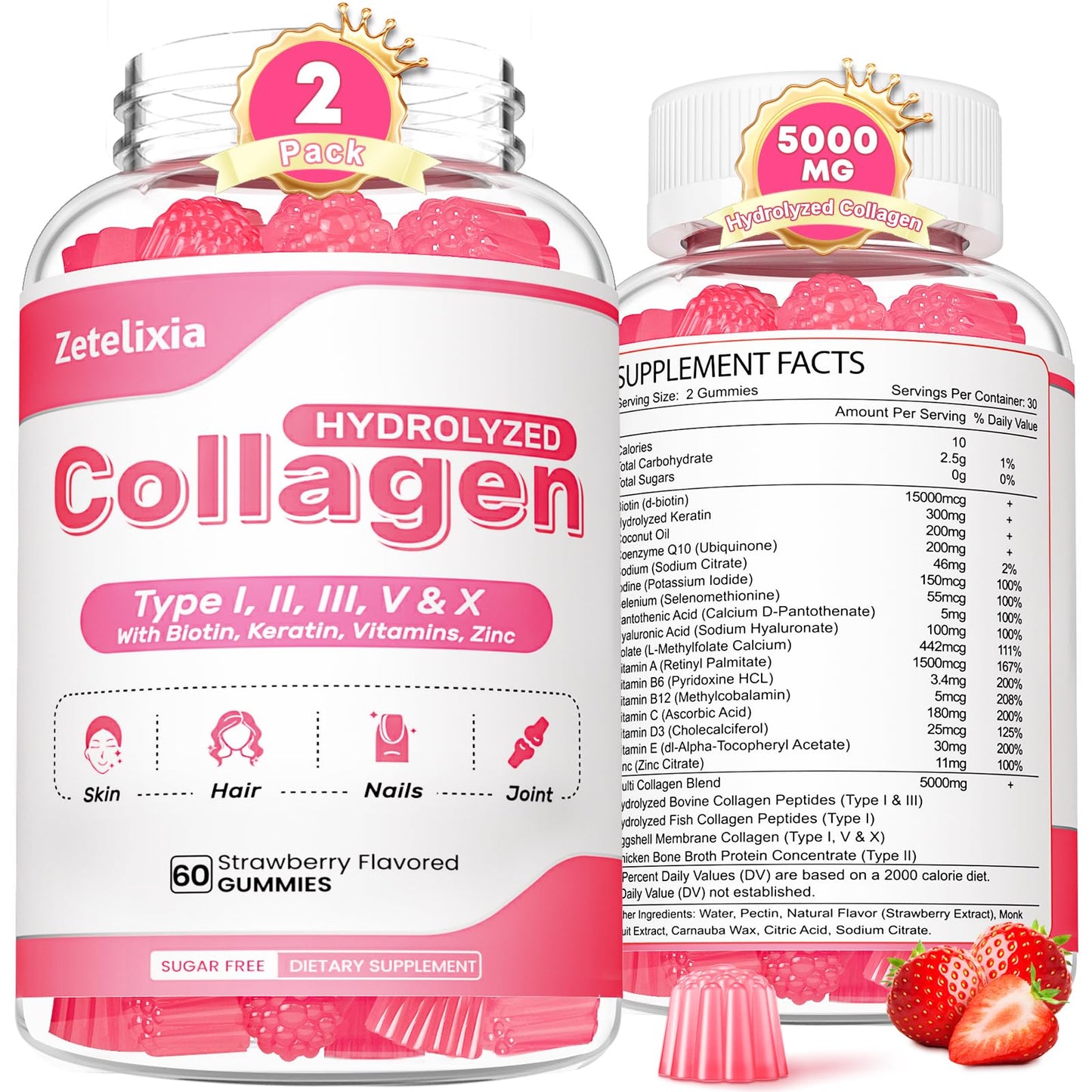 Zetelixia Collagen Gummies, Hydrolyzed Collagen Peptide Type I, II, III, V, X with Biotin, Vitamins C, A, B, D, E for Skin, Hair, Nails, Joints, Immunity, Energy, Digestion, Sugar Free, 120 Gummies
