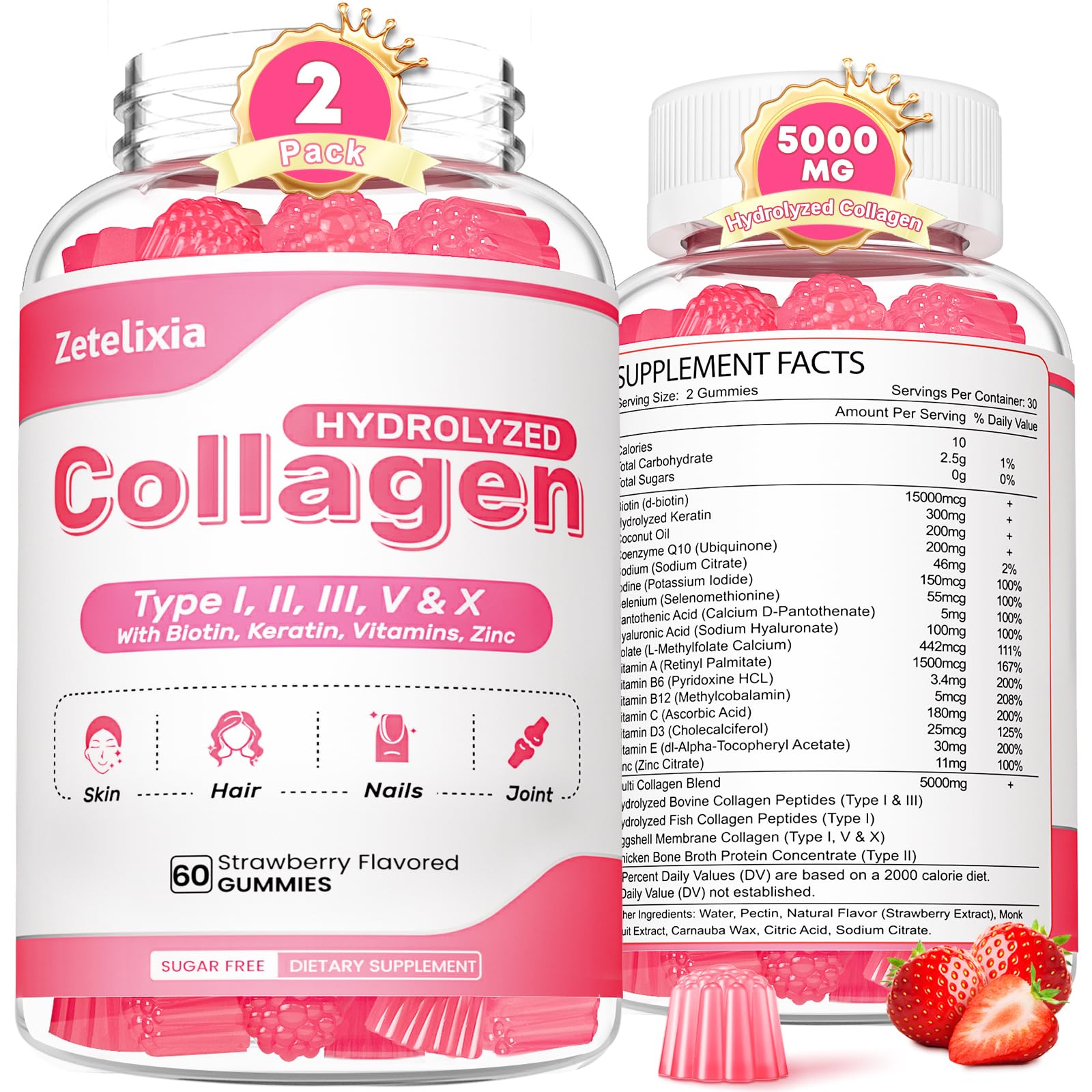 Zetelixia Collagen Gummies, Hydrolyzed Collagen Peptide Type I, II, III, V, X with Biotin, Vitamins C, A, B, D, E for Skin, Hair, Nails, Joints, Immunity, Energy, Digestion, Sugar Free, 120 Gummies