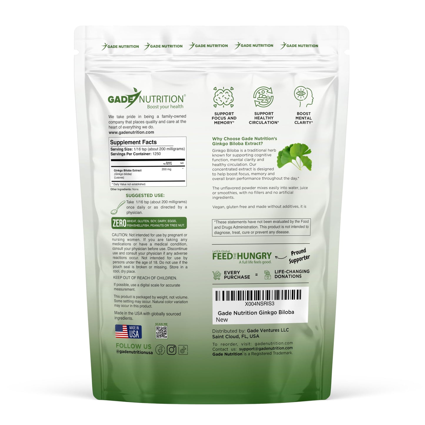 GADE NUTRITION BOOST YOUR HEALTH Ginkgo Biloba Extract Powder 8.8 oz